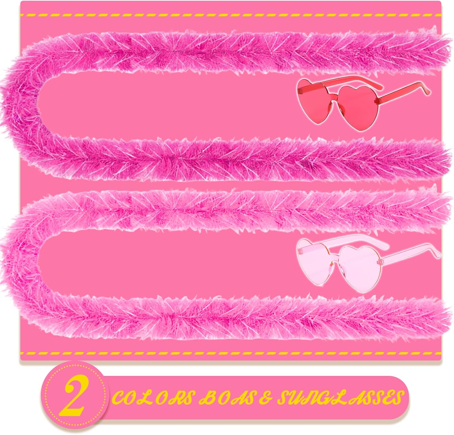 2 Pcs Artificial Fluffy Feather Boas with Heart Rimless Sunglasses for Birthday, Costume Party, Halloween, Christmas