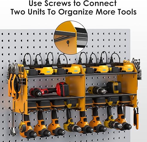 Miniatura 6 de CCCEI Organizador de herramientas eléctricas con estación de carga soporte de taladro de montaje en pared con 8 tomacorrientes estante de