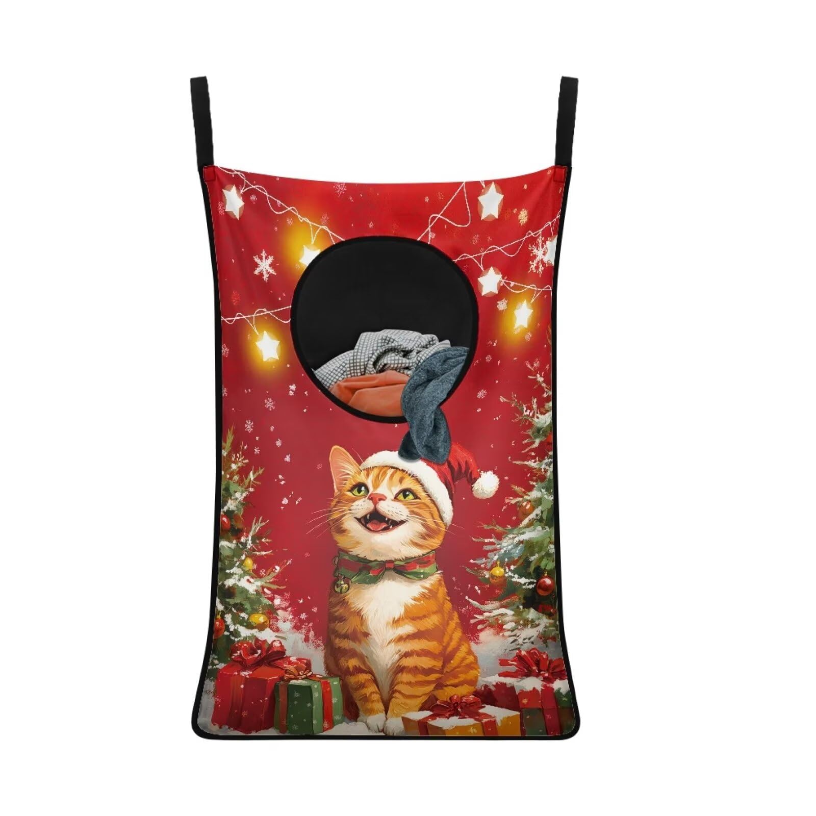 COEQINE Hanging Laundry Bag For One Person,Christmas Decorations Indoor Lights Cat Animal Print Foldable Laundry Basket For Back Of Door with Zipper Machine Washable Home Decor