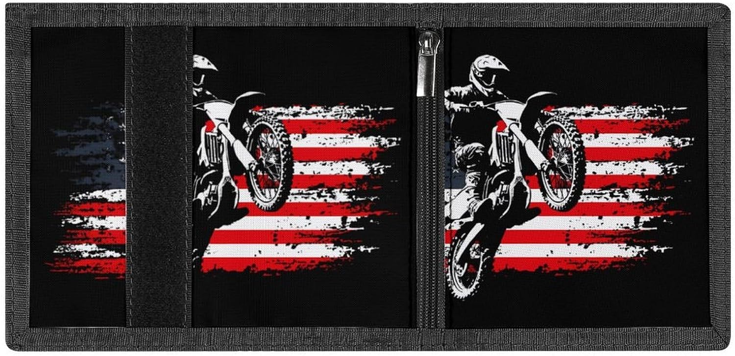 Motorcross U.S. Flag Trifold Slim Wallet Front Pocket With Money Clip And ID Credit Card Slots For Travel Work