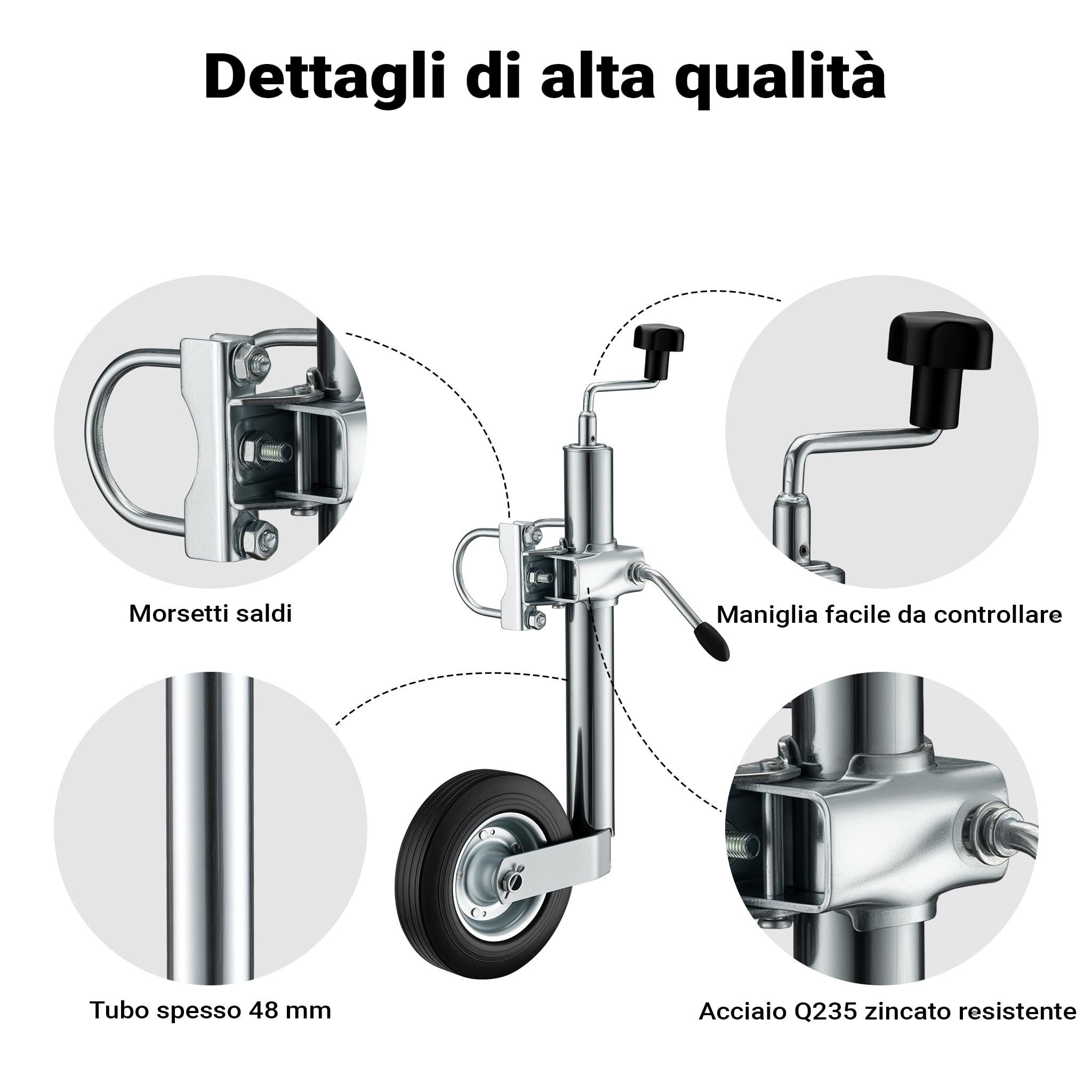 Wiltec Servotimone con ruota 362 kg Ruotino per carrello appendice con supporto e morsetti