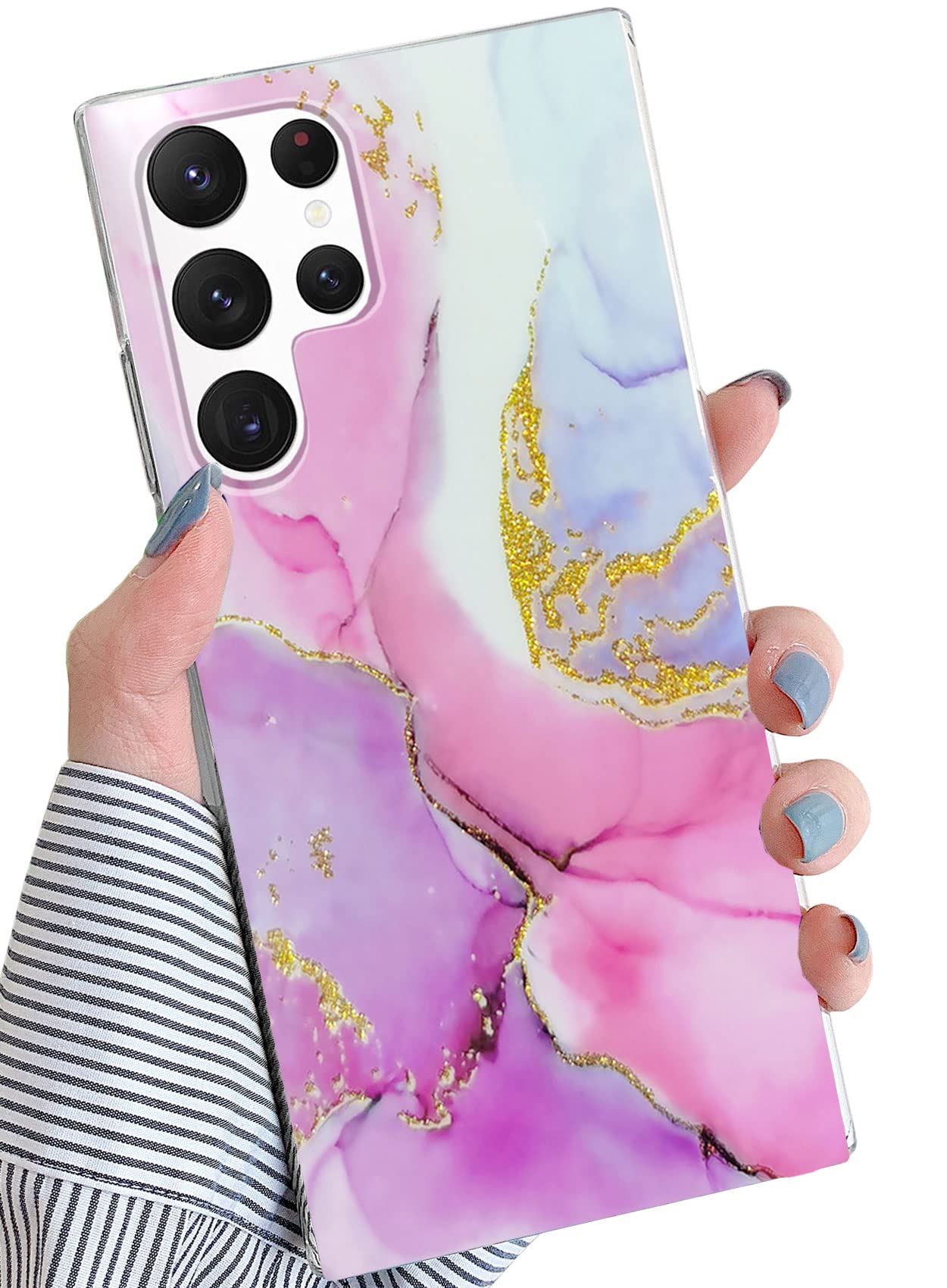 J.westfor Galaxy S22 Ultra Case 6.8 INCH, Luxury Saprkle Bling Gold Glitter Marble Print Design Soft Metallic Slim Protective Phone Cases for Women Girls Clear TPU Bumper Silicone Cover Case Pink