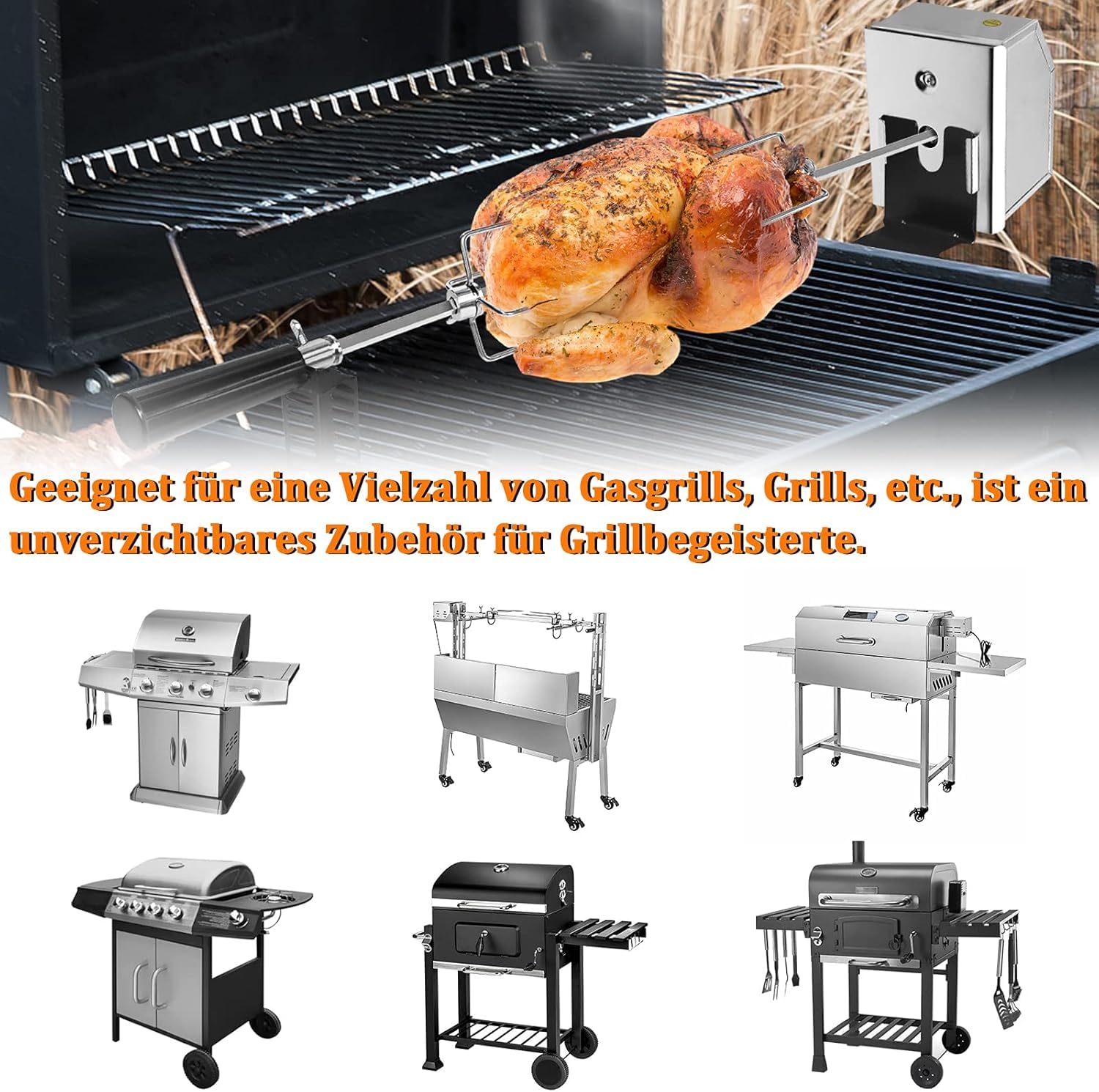 AufuN Zestaw obrotowych szpikulców ze stali nierdzewnej, grill gazowy, rożen do grilla 107 cm, z 4 igłami do mięsa, 220 V – 240 V, elektryczny rożen obrotowy, na podróż, kemping, piknik