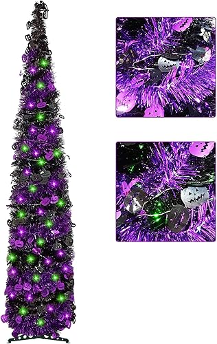 Miniatura 8 de Árbol de Navidad artificial para el día de San Valentín con 100 luces, árbol de Navidad plegable de oropel de 5 pies con bolas de Navidad,