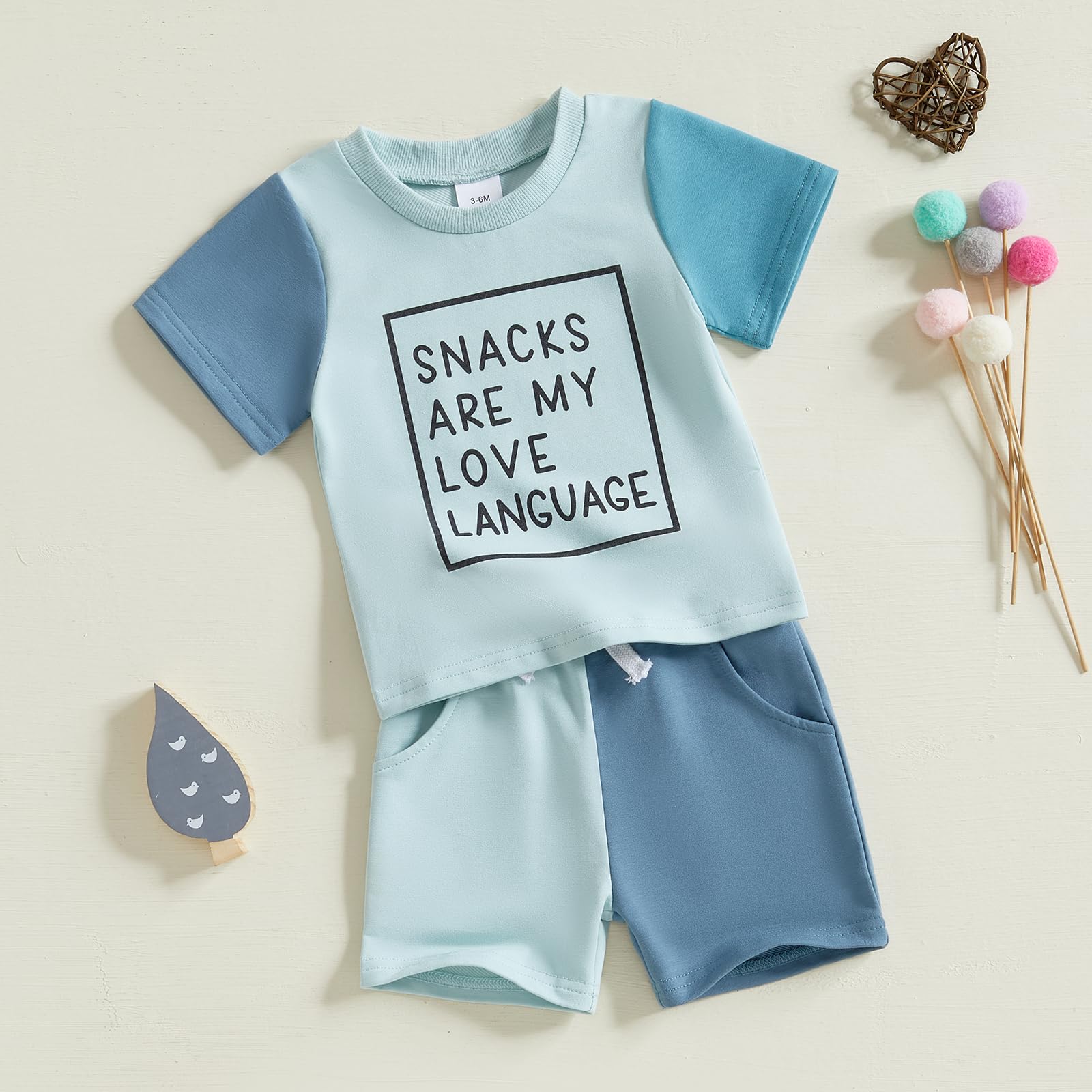 Toddler Baby Boy Summer Clothes Short Sleeve Letter T Shirt Tops and Stretch Casual Shorts Set Infant Outfit (Snacks Love Blue, 18-24 Months)