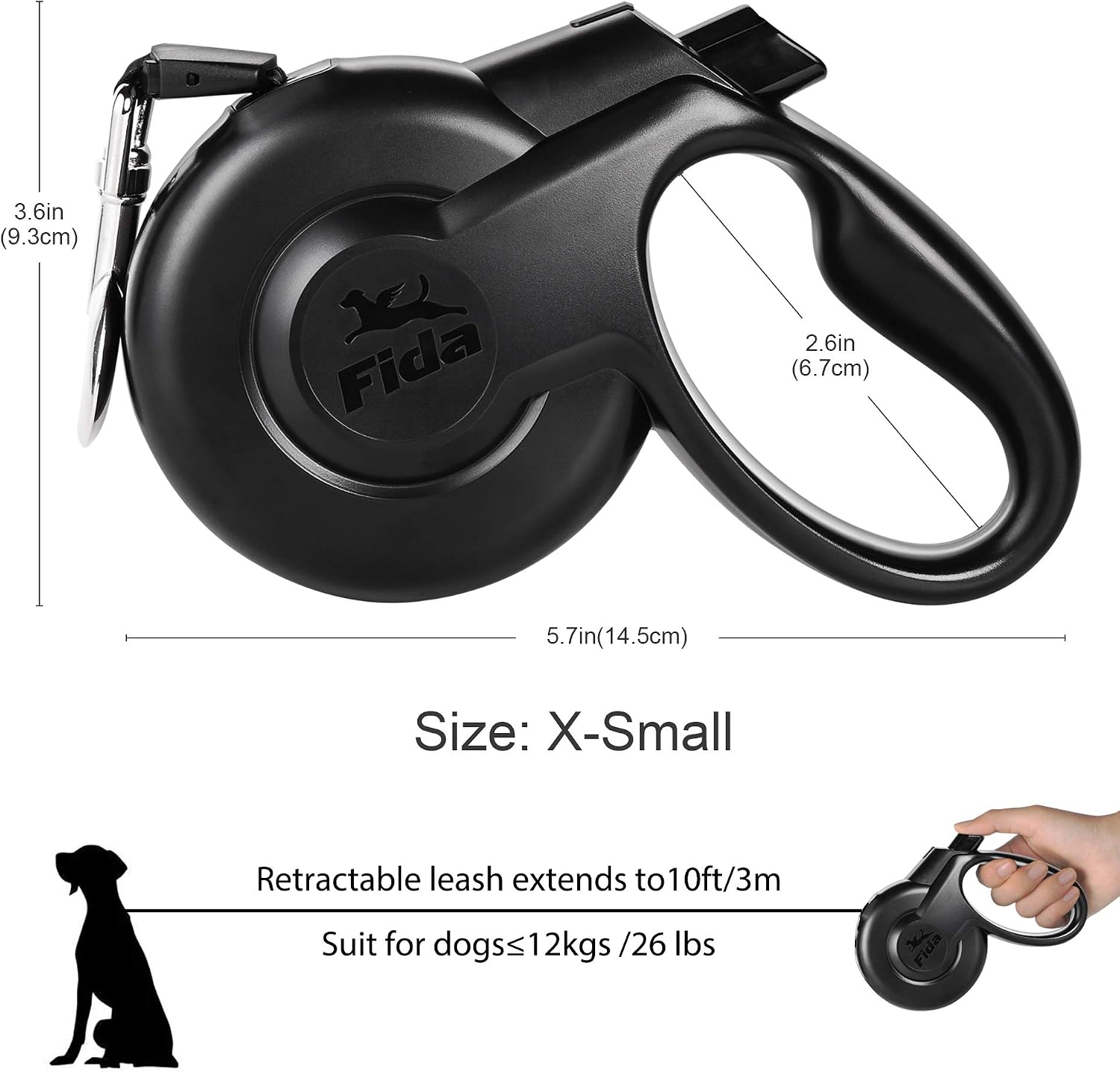 Fida Retractable Dog Leash, Heavy Duty 10 ft for X-Small Dog or Cat up to 26 lbs, Pet Walking Leash, Tangle Free, One-Handed Brake, Styleash Series (XS, Black)