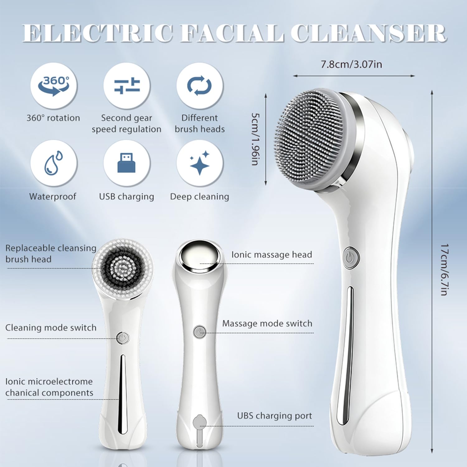 Cepillo eléctrico de limpieza facial, 3 en 1, cepillo eléctrico con 4 cabezales de cepillo, masajeador facial EMS con calefacción, limpieza facial impermeable, limpieza facial profunda 360°