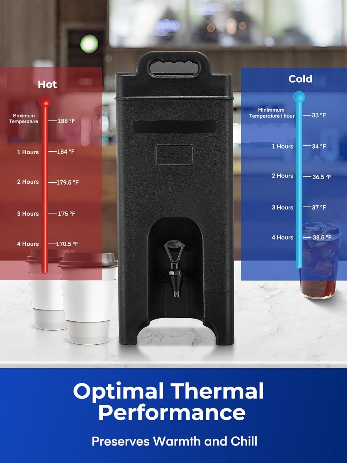 Insulated Beverage Dispenser 5 Gallon, Food-Grade Hot and Cold Drink Dispenser with Stand, Detachable Spigot and Handles, Hot Beverage Dispenser for Mobile Coffee Bar, Office, Chocolate, Cocoa, Water