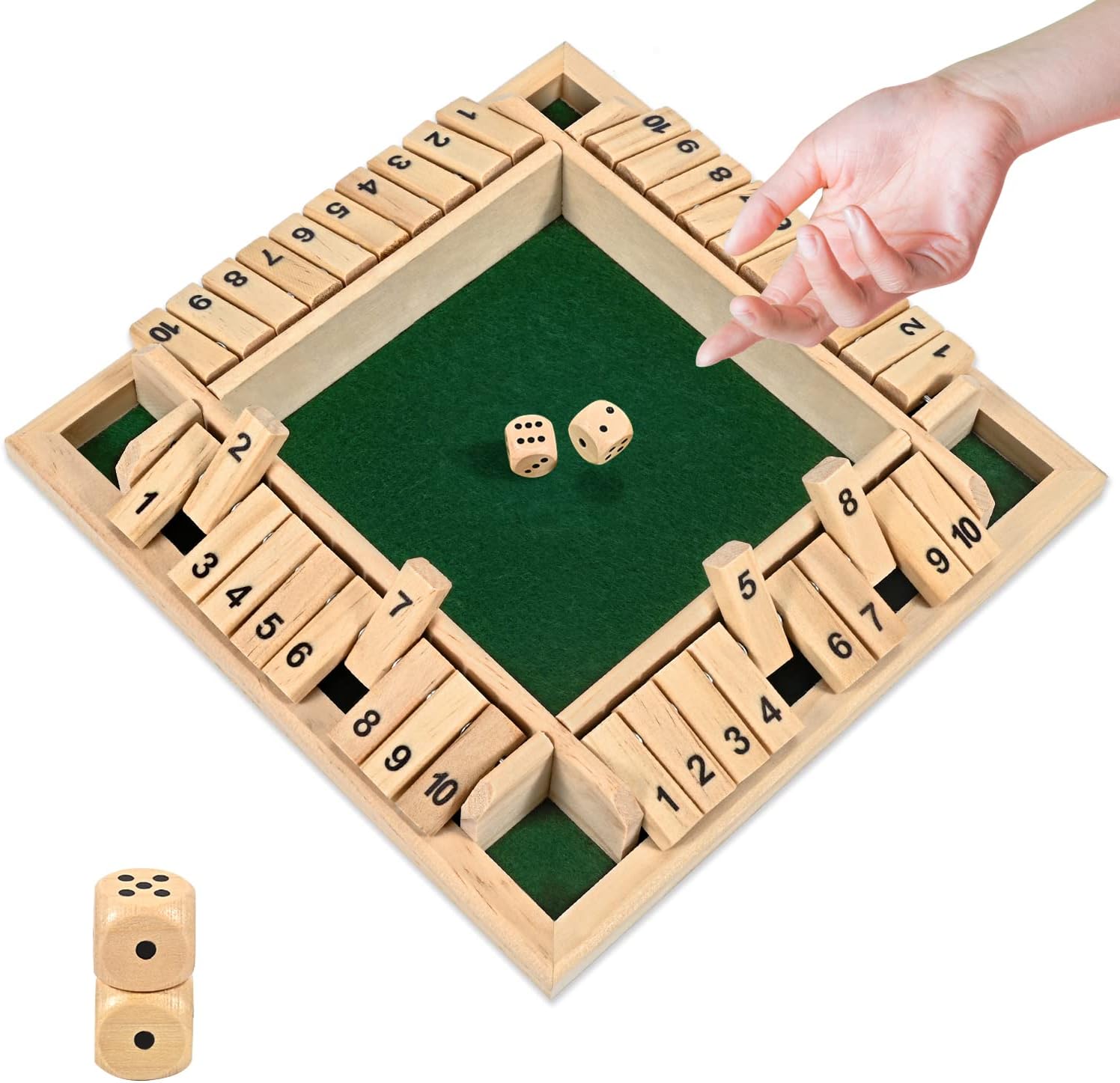 1-4 Players Shut The Box Dice Game, 10 Numbers Traditional Wooden Pub Bar Board Family Table Mat Game Dice for Adults