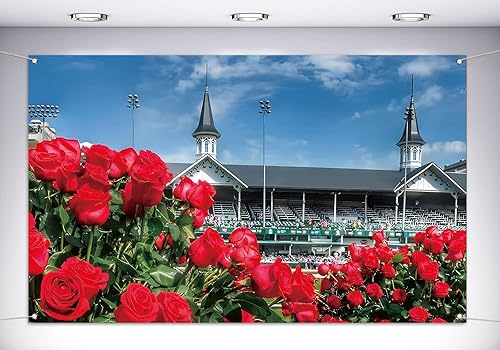 Vohado Telón de fondo para cabina de fotos de Kentucky Churchill Downs 2025 con temática de carreras de caballos, decoración de pared con rosas,