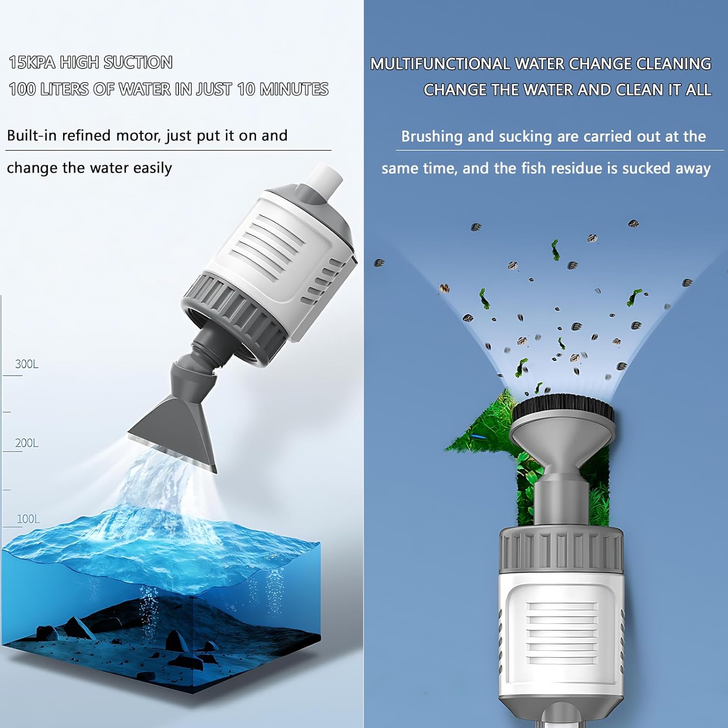 Fish Tank Cleaner, 15KPA Suction with Auto Water Change, 30W High Power PP Material, Multi Strainer Gravel Washer for Aquarium, Sand Cleaning Water Purification