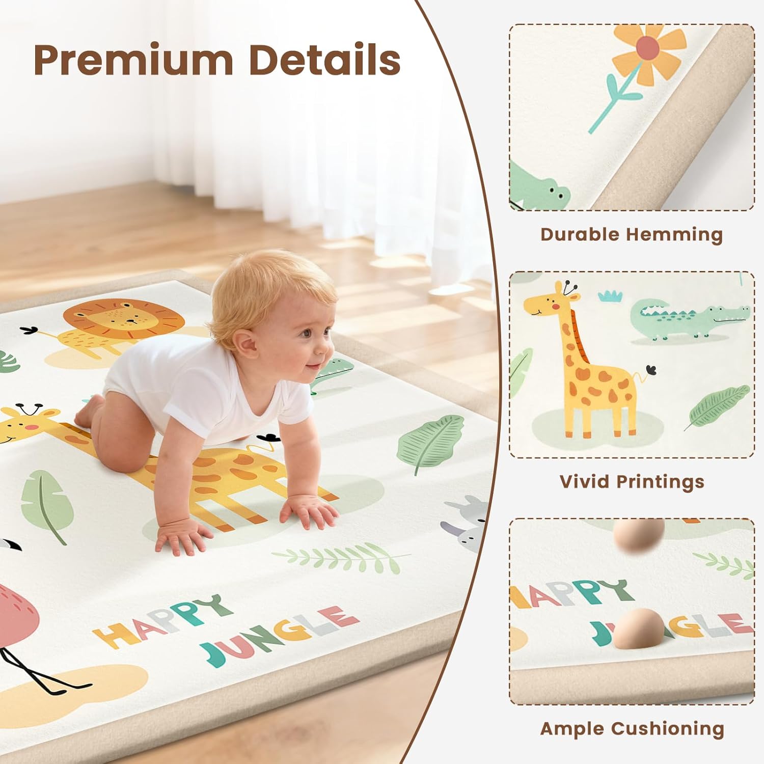 50"×50" Baby Play Mat for Floor & Playpen, 1.2" Thick High-density Foam Nursery Mat for Tummy Time, Soft Plush Carpet with Non-slip Bottom for Infant Toddler Baby Crawling & Playing (Animals)