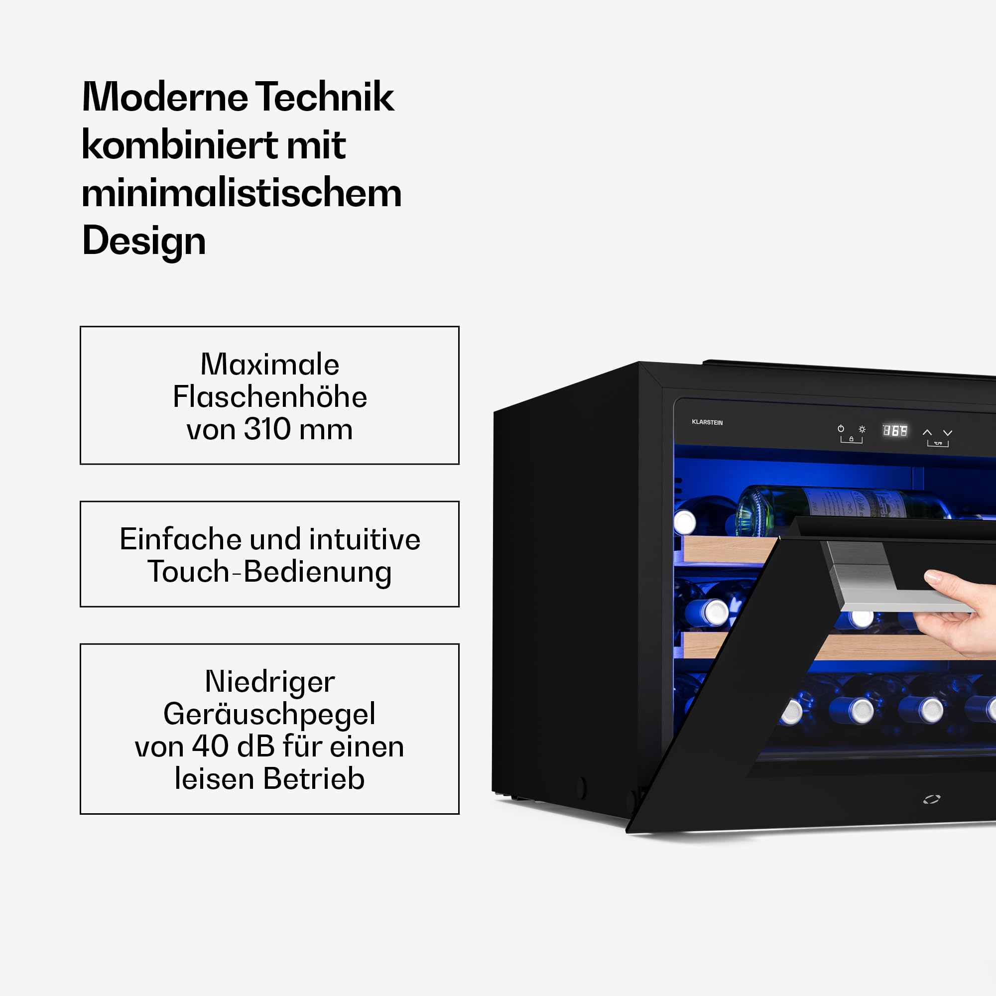 Klarstein Illuminosa Weinkühlschrank Einbau - 19 Flaschen, 1 Zone, 5-20°C, Touch, LED, UV-Schutz, leise, Buchenholzregale, Einbau-Weinkühlschrank