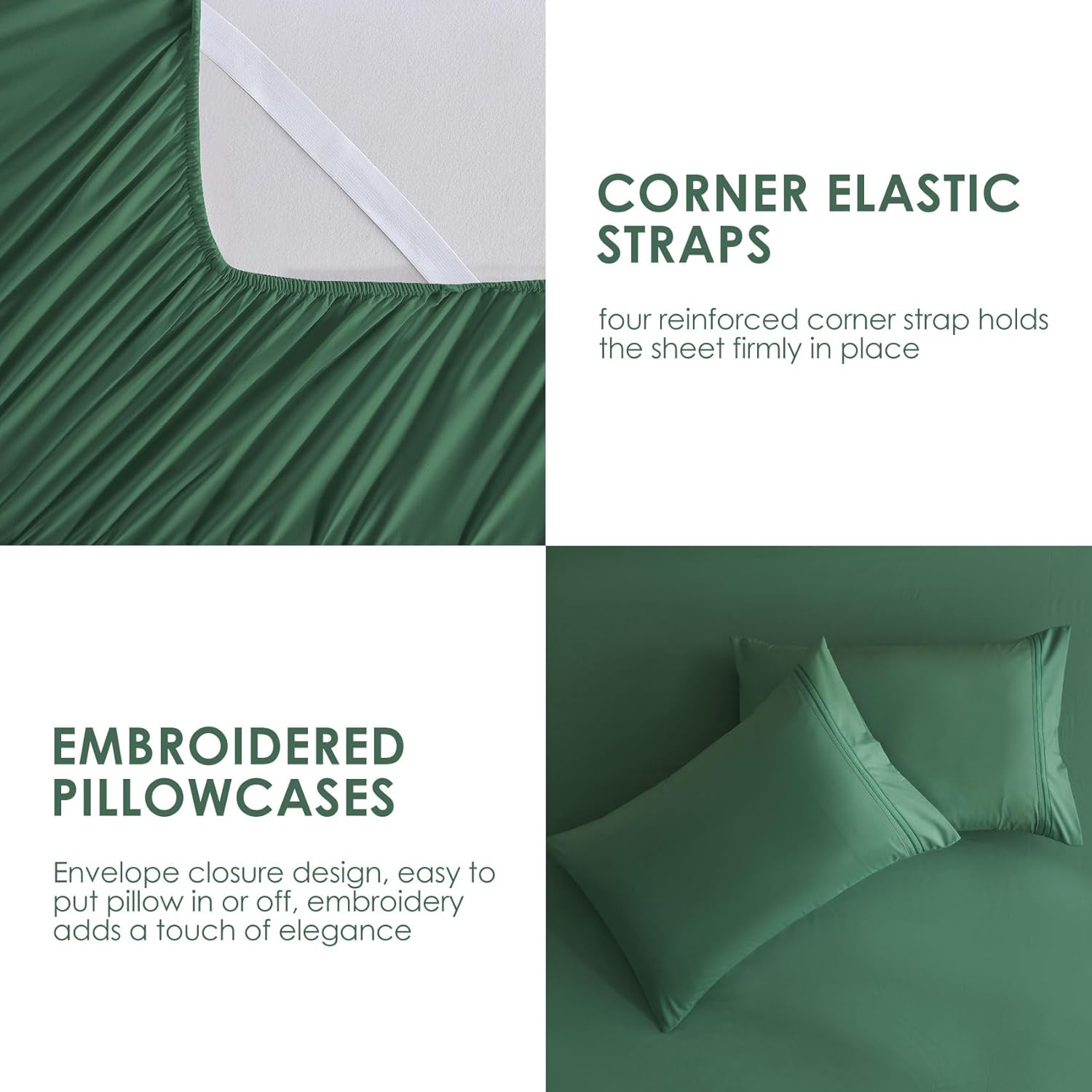 JSD Hunter Green Queen Sheet Set with Side Pocket Corner Straps, 4 Piece Soft Microfiber Bed Sheets Extra Deep Pocket