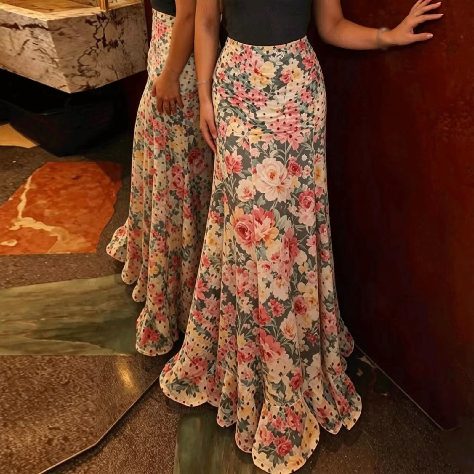 DUddTTW Slim Women's Midi Skirt Polka Dot Midi Length Flowy Skirt High Waisted Swing Skirt Maxi Skirts Ankle Length Skirts Fashion(Flowers,Lagre)