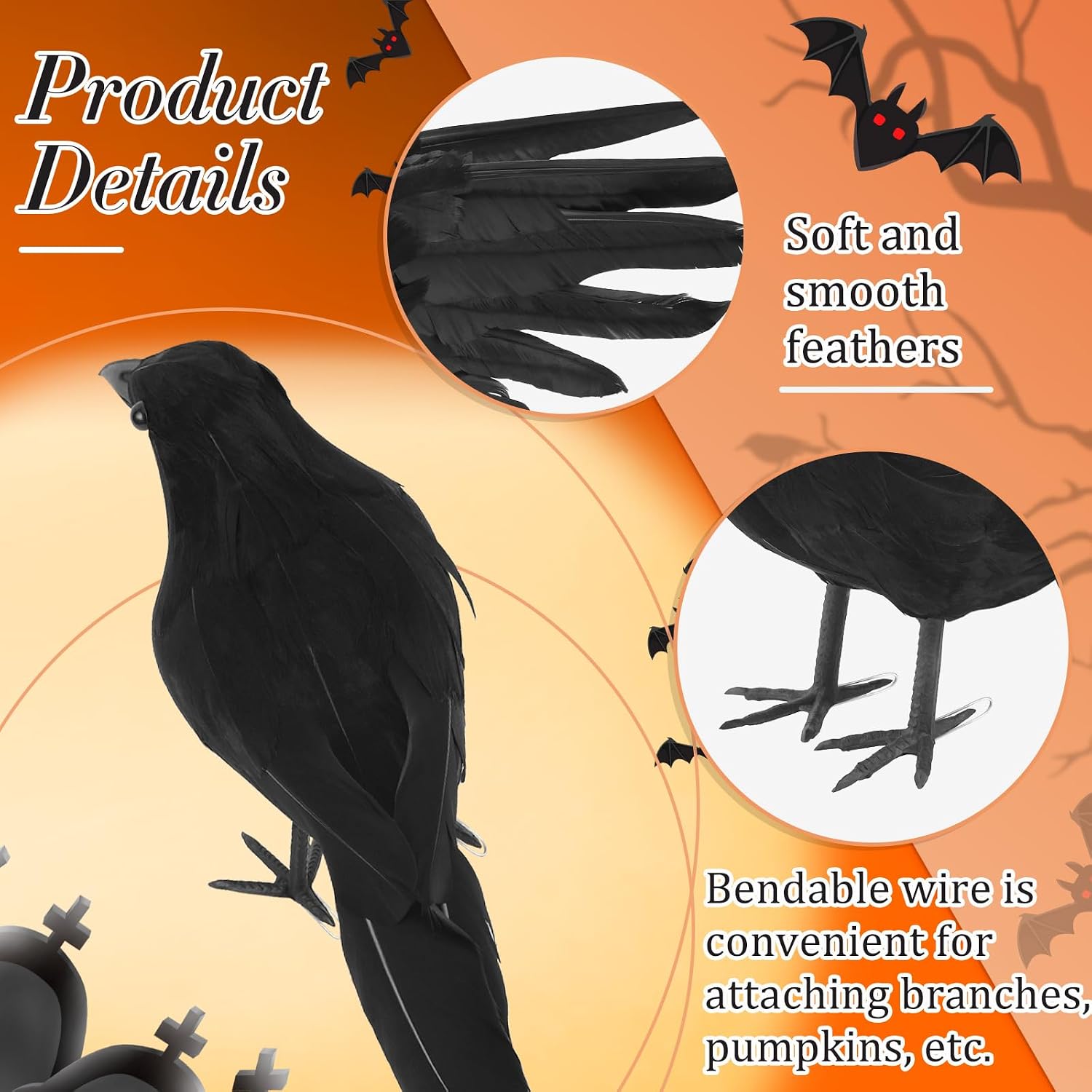 Taiyin 30 Pcs Halloween Black Crows 3 Sizes Large Handmade Feathered Realistic Crow Decor Faux Fake Artificial Scare Decorations for Halloween Party Outdoor Indoor Decor