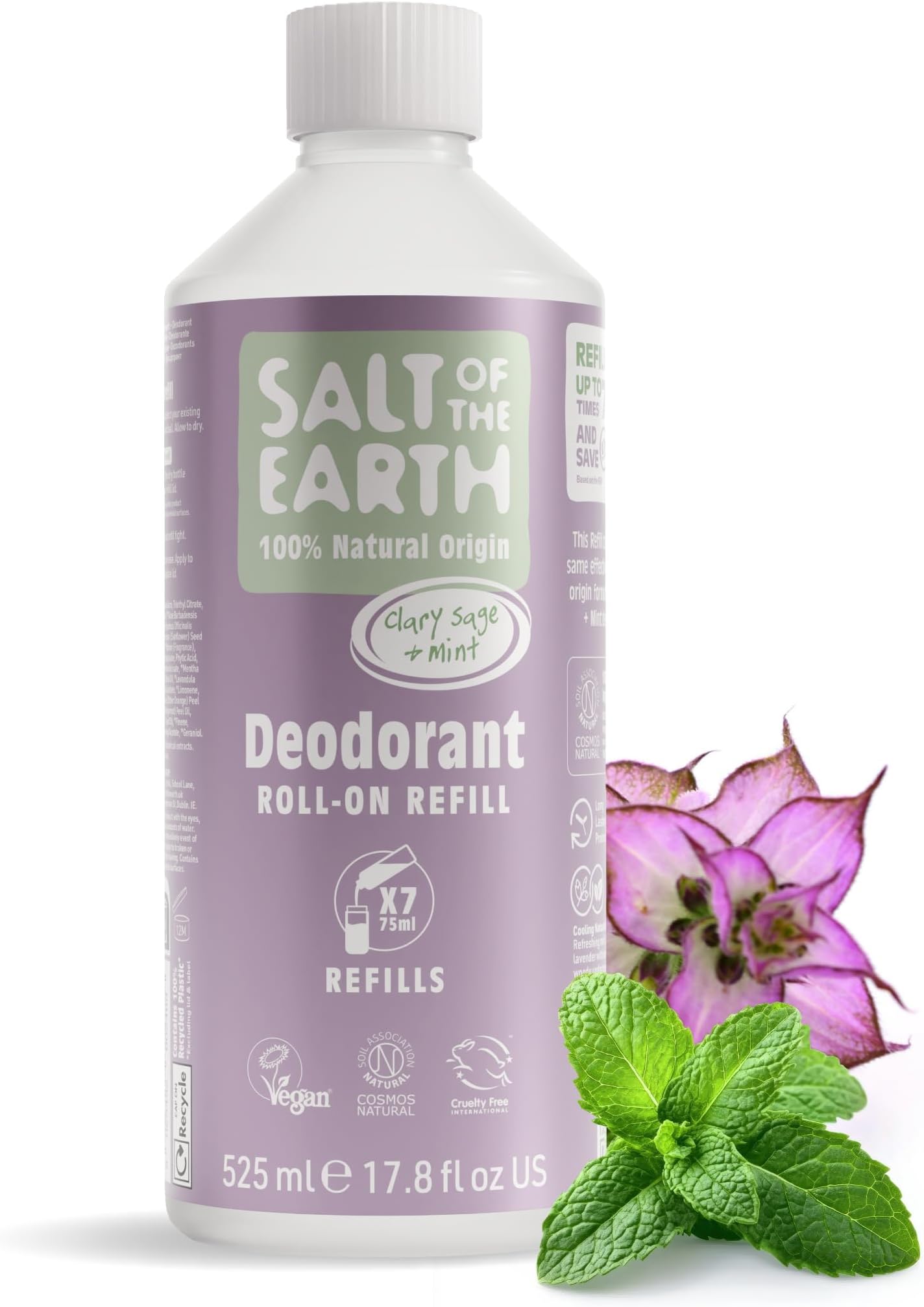Natural Deodorant Roll on Refill - x7 Uses - Clary Sage & Mint -100% Natural Origin Ingredients - Vegan - Suitable for Men, Women & Children - 525ml