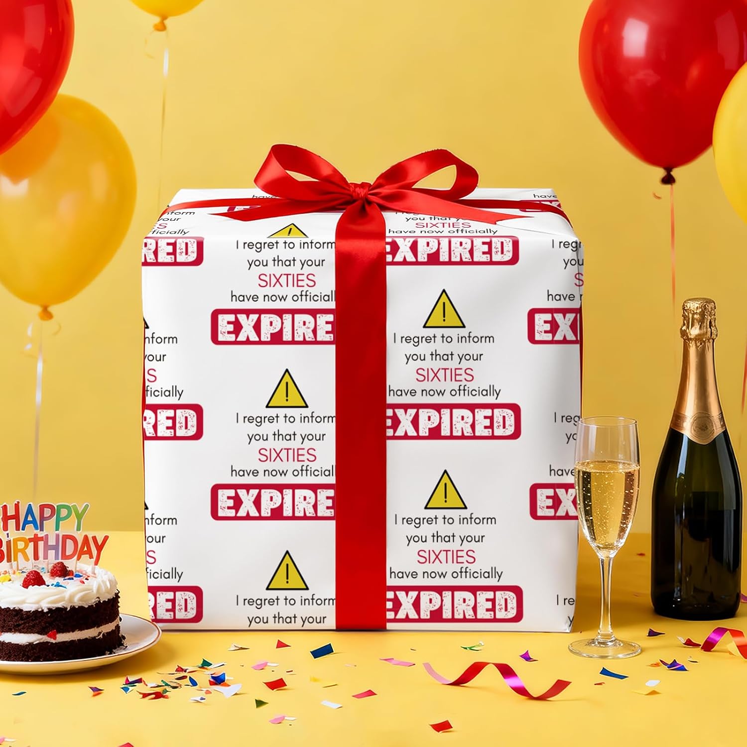 RUSPEPA Funny 60th Birthday Wrapping Paper Roll for Adults, Mini Roll, Warning Sign & EXPIRED Gag Gift Pattern Gift Wrap for Milestone 60th Birthday, Prank Gifts, Party Décor, 17 Inches x 16.4 Feet image 3
