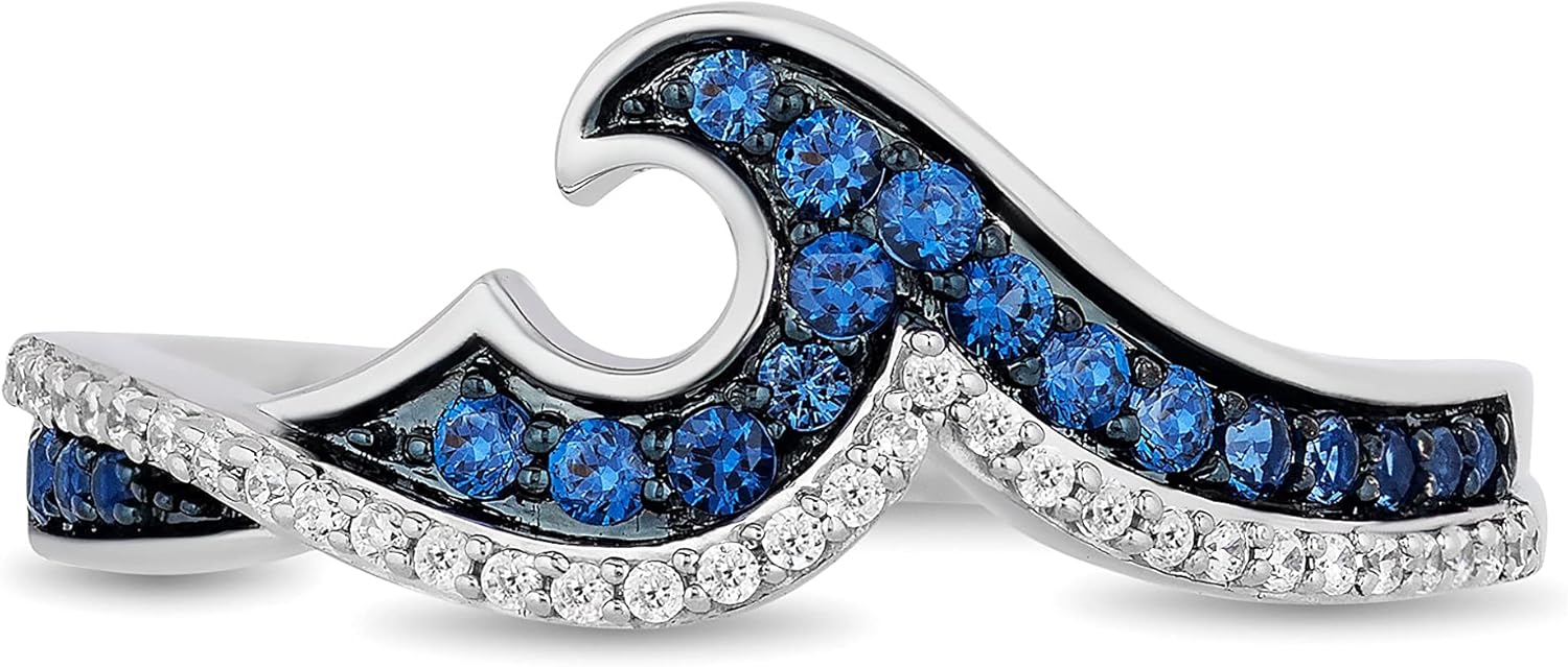 Jewelili Enchanted Disney Fine Jewelry Moana Wave Ring for Women | Sterling Silver | 1/4 CTTW Treated Blue & Natural White Round Diamonds | Disney Princess Inspired Gifts for Her