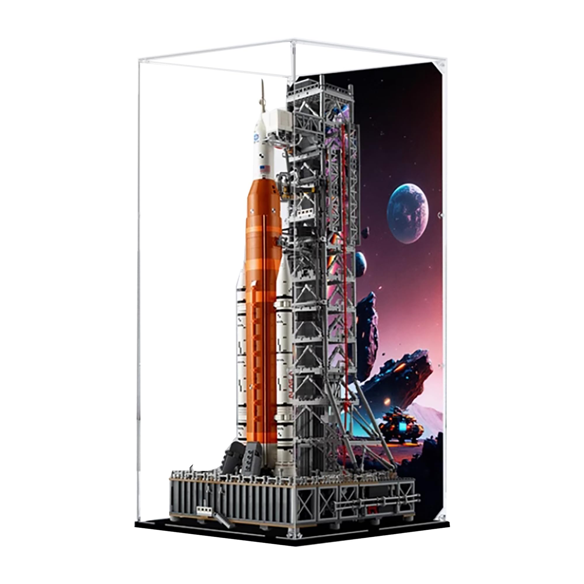 Acrylic Display Case for Lego 10341 Space Launch System Rocket Model, 3mm Dustproof Display Box, Display Case Compatible with Lego 10341 (Model Not Included) (Background Build C)