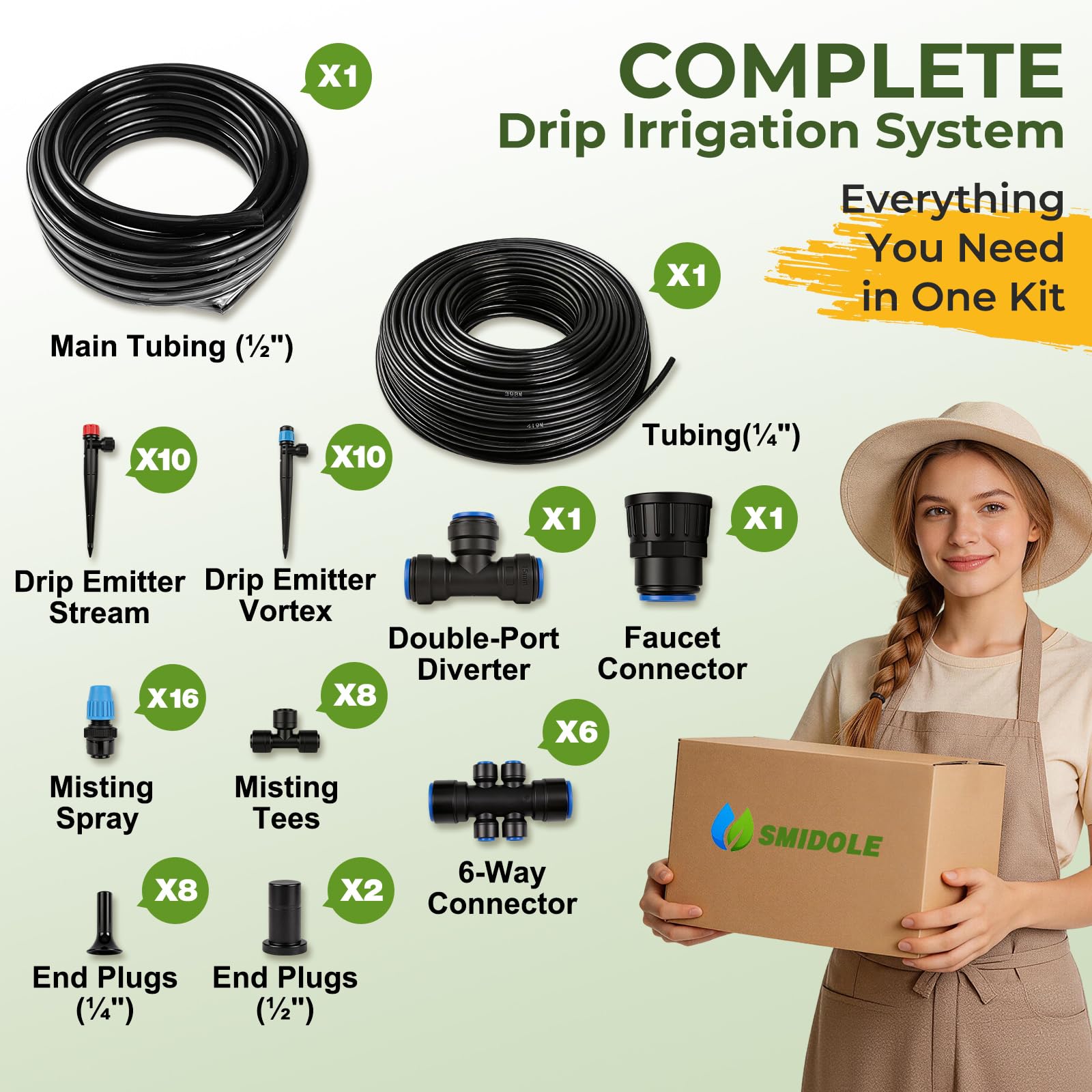 Kit di irrigazione a goccia da 60 m, sistema di irrigazione da giardino a connessione rapida, kit completo di irrigazione a goccia automatico con tubi da 1,3 cm e 0,6 cm, emettitori regolabili per