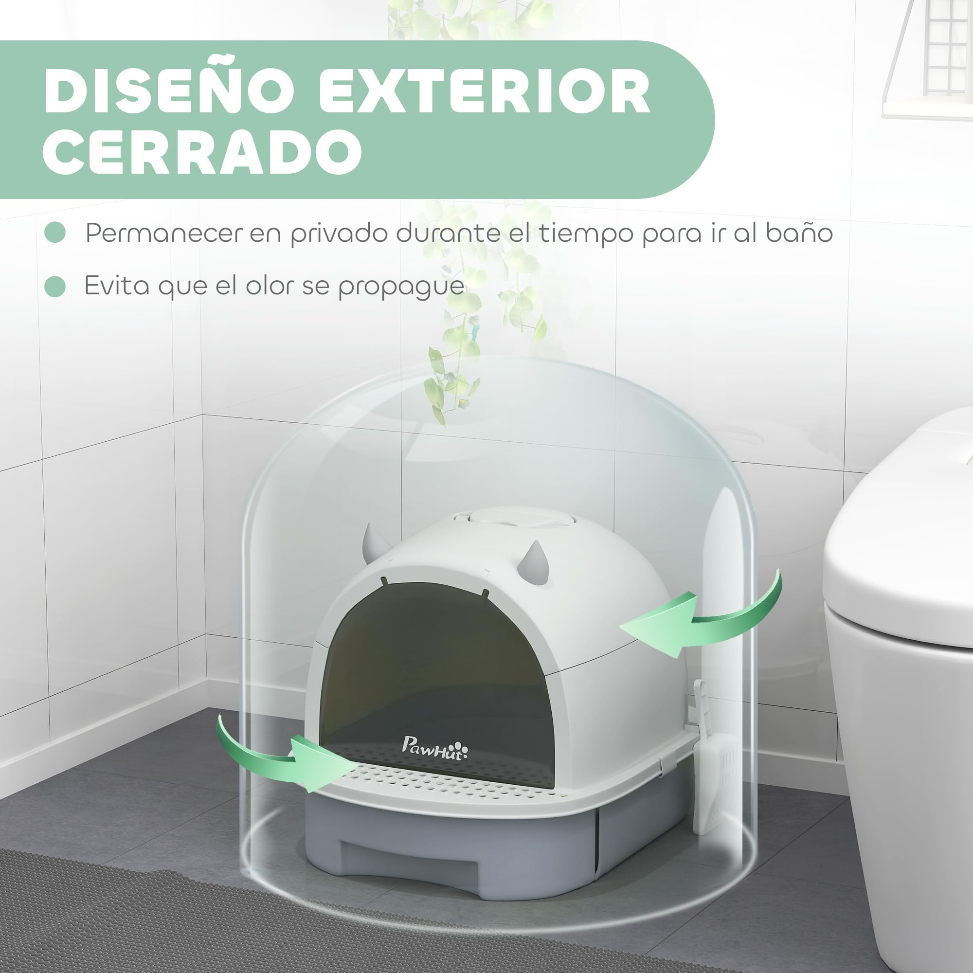 PawHut Arenero para Gatos Cubierto con Pala 40,5x52x39 cm Blanco y Gris | Caja de Arena para Gatos, Arenero Cerrado, Tapa Removible, Bandeja Extraíble, Filtro de Carbono, Asa Superior