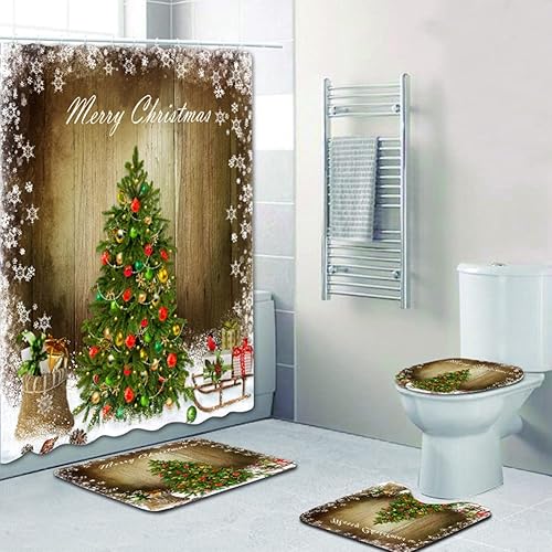 Miniatura 87 de Juego de 4 cortinas de ducha con alfombra antideslizante, cubierta para tapa de inodoro y tapete de baño, cortina de ducha de Papá Noel con 12 Papá