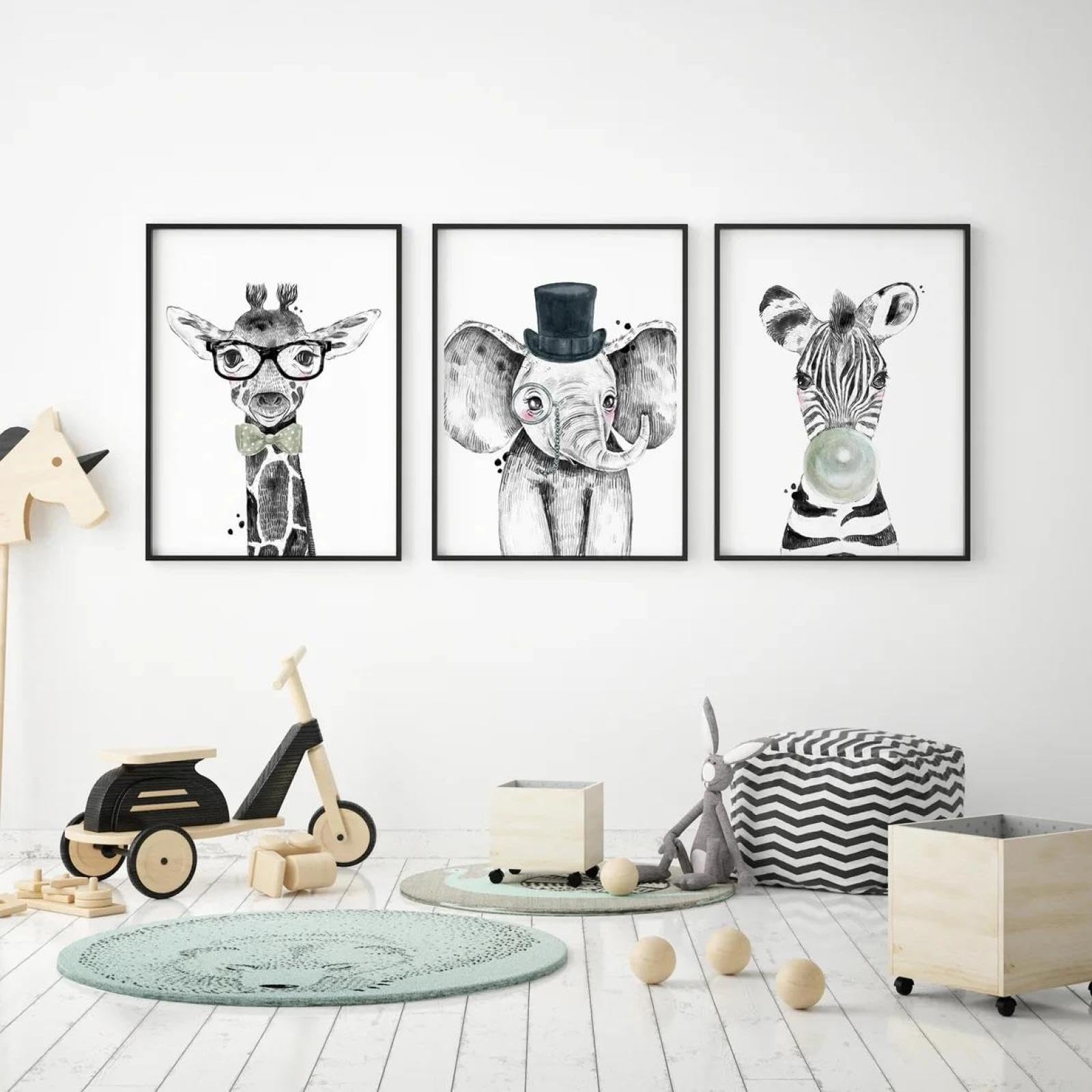 Baibexing Cartoon Zebras, Giraffes, Elephants Safari Animals Wall Art Canvas Painting Poster Print Picture For Living Room,Kids Room Home Decor 40X60Cmx3Pcs Unframed
