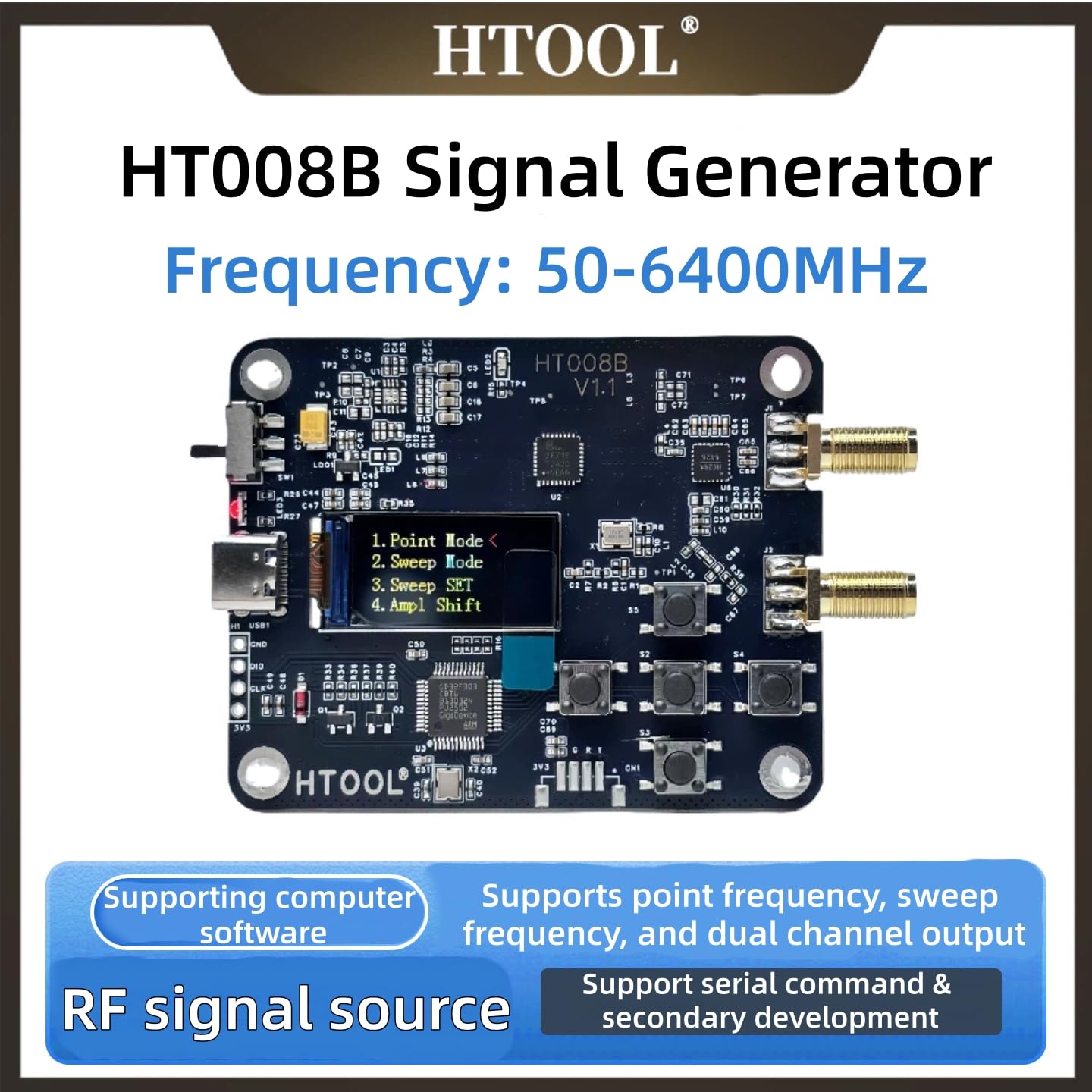 HT008B generator sygnału radiowego 50 MHz-6,4 GHz Dual Channel | Wyświetlacz OLED, tryb punkt/zamiatania, szeregowe sterowanie USB, rozdzielczość 1 kHz, niski poziom szumów fazowych