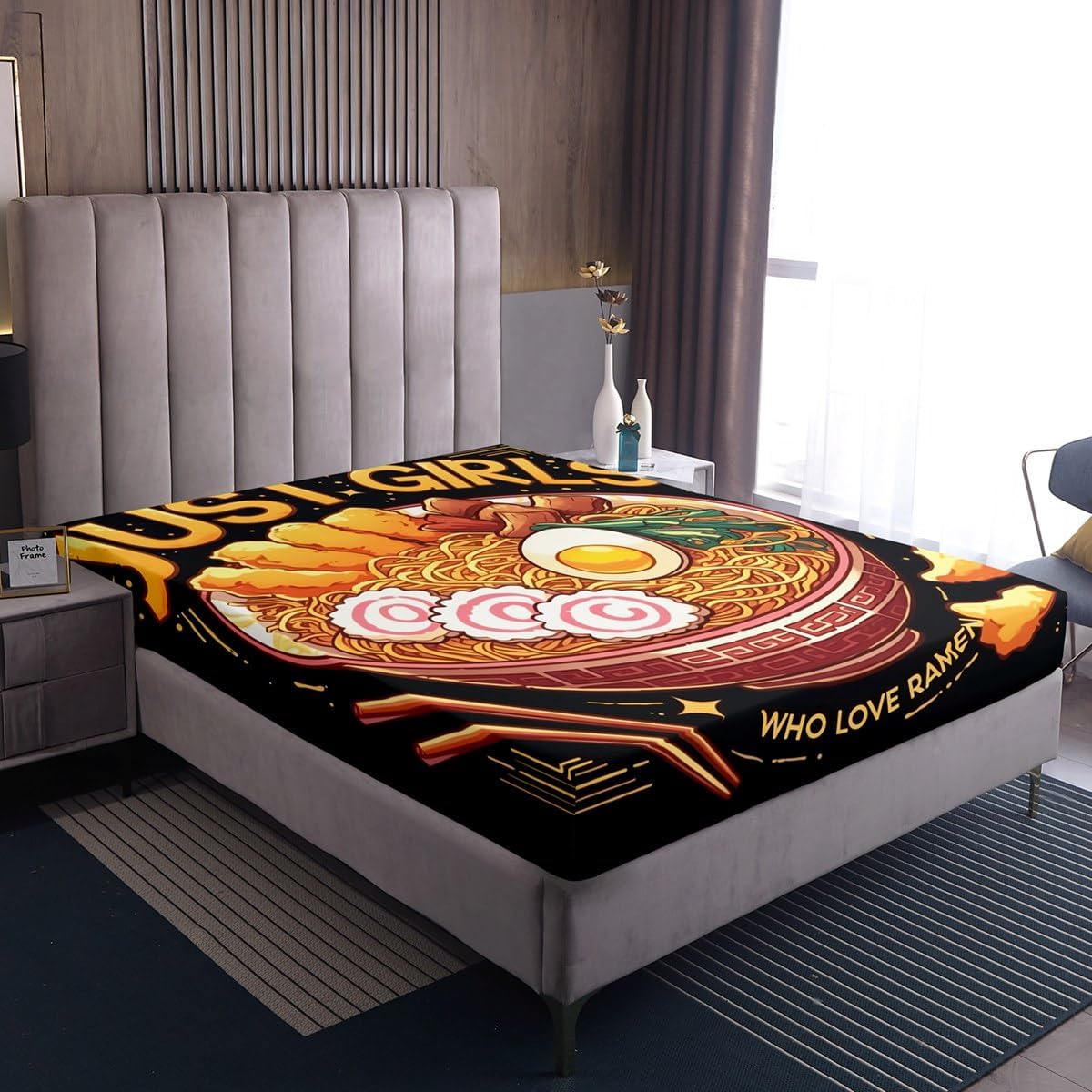 Erosebridal Japanese Ramen Bedding Set Full,Ramen Noodle Fitted Sheet Funny Gifts for Kids Teens Adults,Anime Style Bed Sheets Food Theme Bed Set with 2 Pillowcases Room Decor (No Flat Sheet)