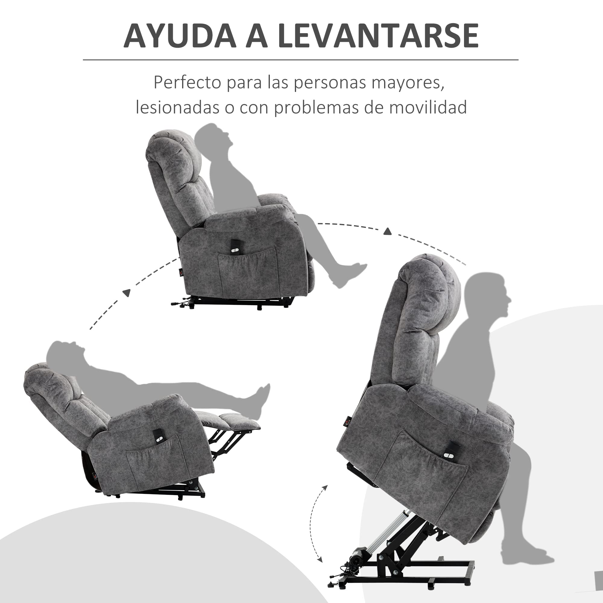 HOMCOM Sillón Relax Levanta Personas Eléctrico con Reposapiés Gris | Silla Elevadora Eléctrica, 2 Bolsillos Laterales, Mando a Distancia, Reclinación Eléctrica hasta 135°