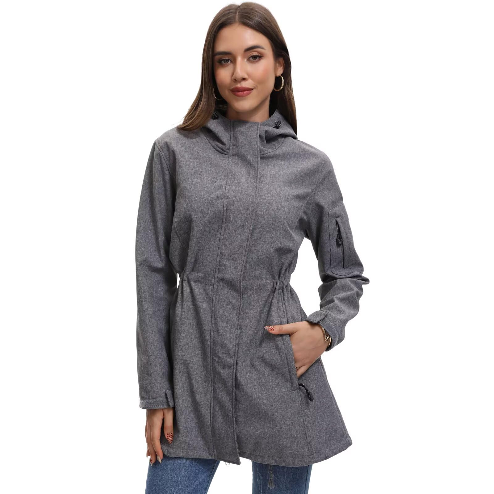 CHIGUO Damen Leichte Wasserdichte Softshell Regenjacke Winterjacke Fleece Übergangsjacke Lange Funktionsjacke mit Kapuze