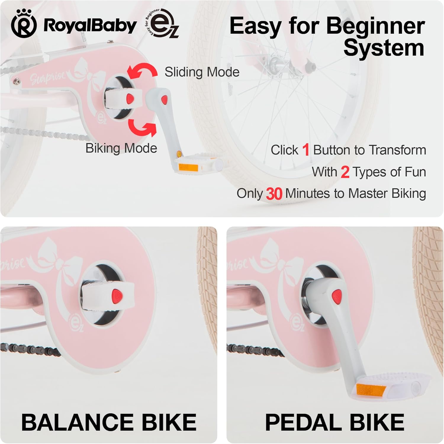 RoyalBaby EZ Kids Bike,12 14 16 18 Inch Convertible Balance to Pedal Bike for Boys & Girls,Beginner Bicycle for Ages 2-9 Years