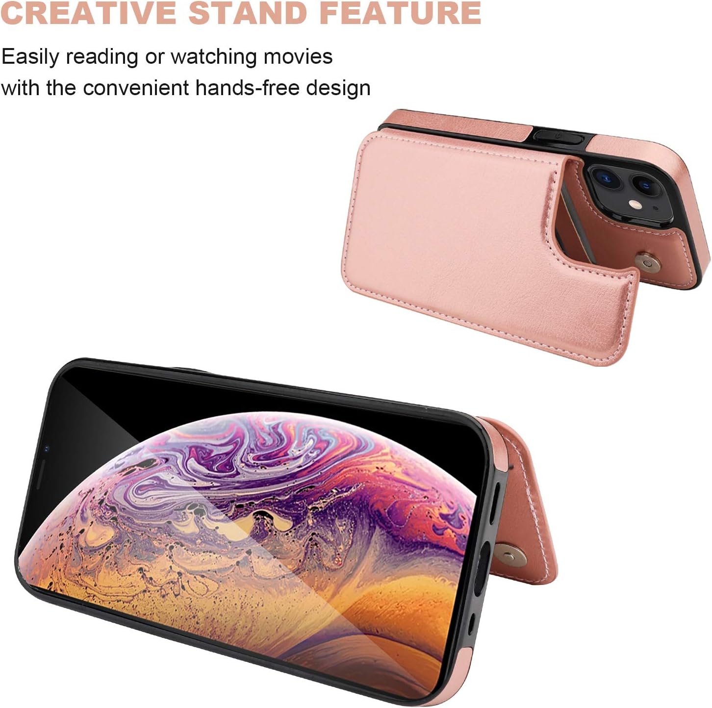 ONETOP Compatible with iPhone 12 Mini Wallet Case with Card Holder, PU Leather Kickstand Card Slots Case, Double Magnetic Clasp and Durable Shockproof Cover 5.4 Inch(Rose Gold)
