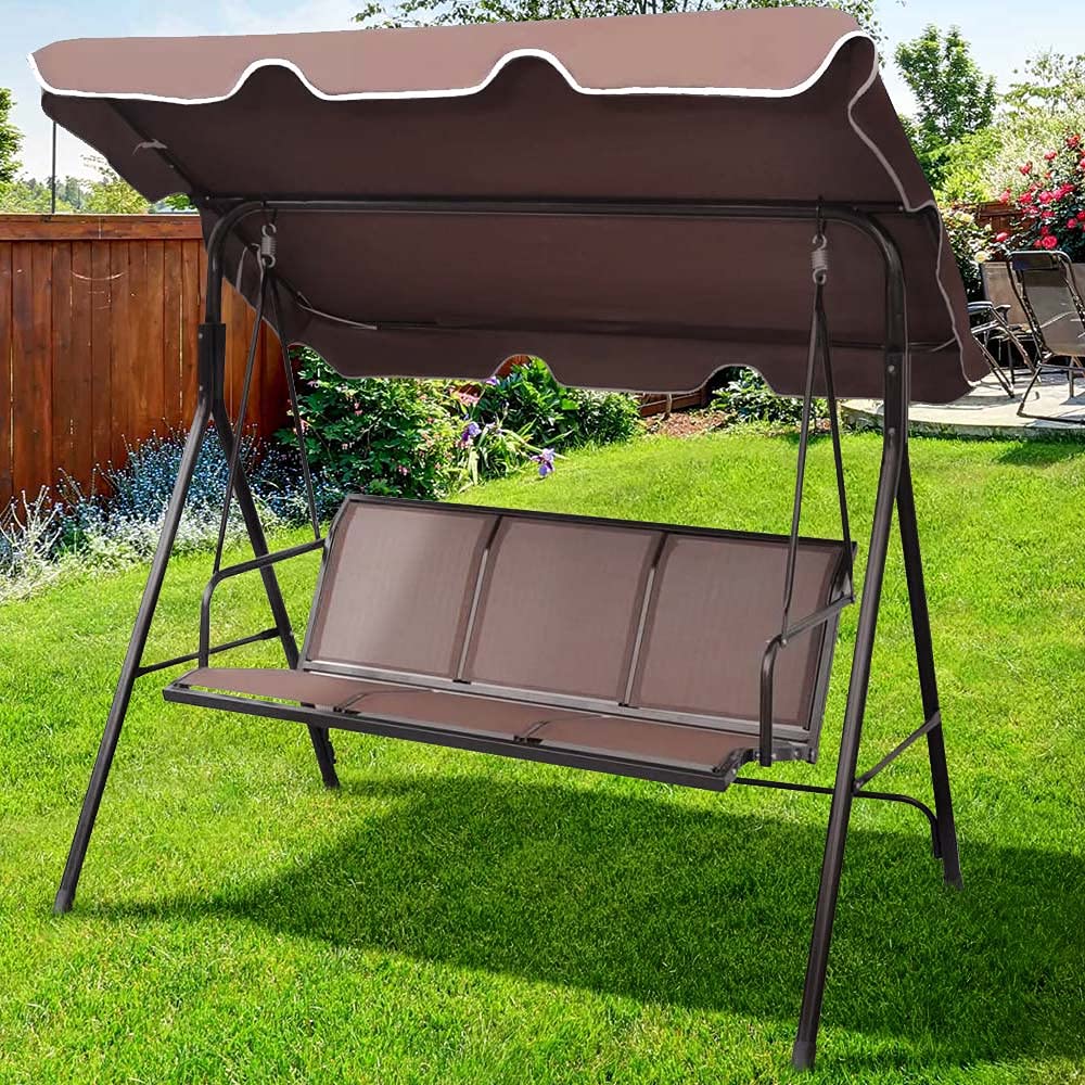 Bakaji Dondolo Da Giardino 3 Posti Colore Brown Tetto Parasole Struttura in Acciaio Inox Seduta in Texilene Traspirante Dimensioni 175 x 112 x 155 cm (Marrone)