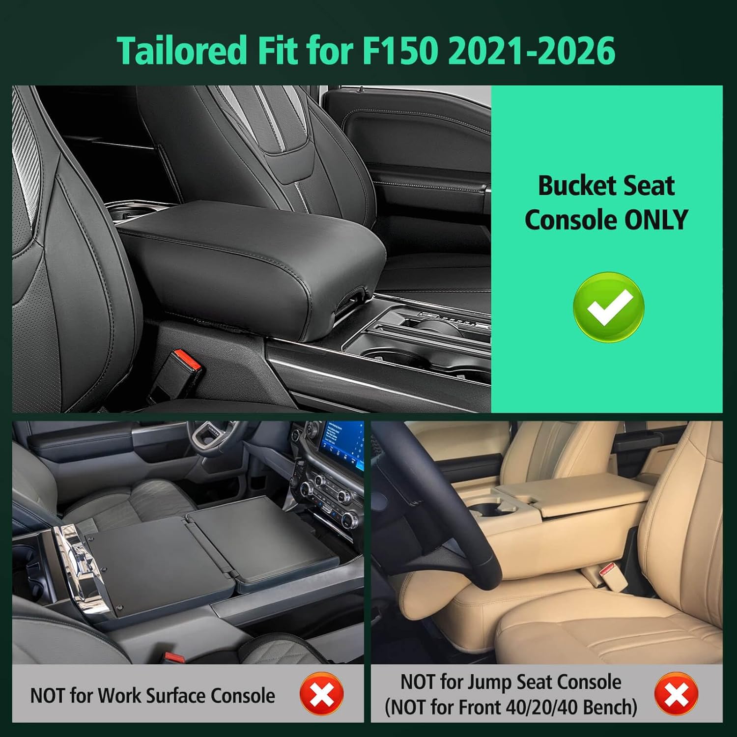 DiffCar® Console Center Cover for Ford F150: 2021-2026(Bucket Seat Console Only), Faux Nappa Leather Armrest Protector for F-150 Truck Interior, Car Accessories for F 150 2021 2022 2023 2024 2025 2026