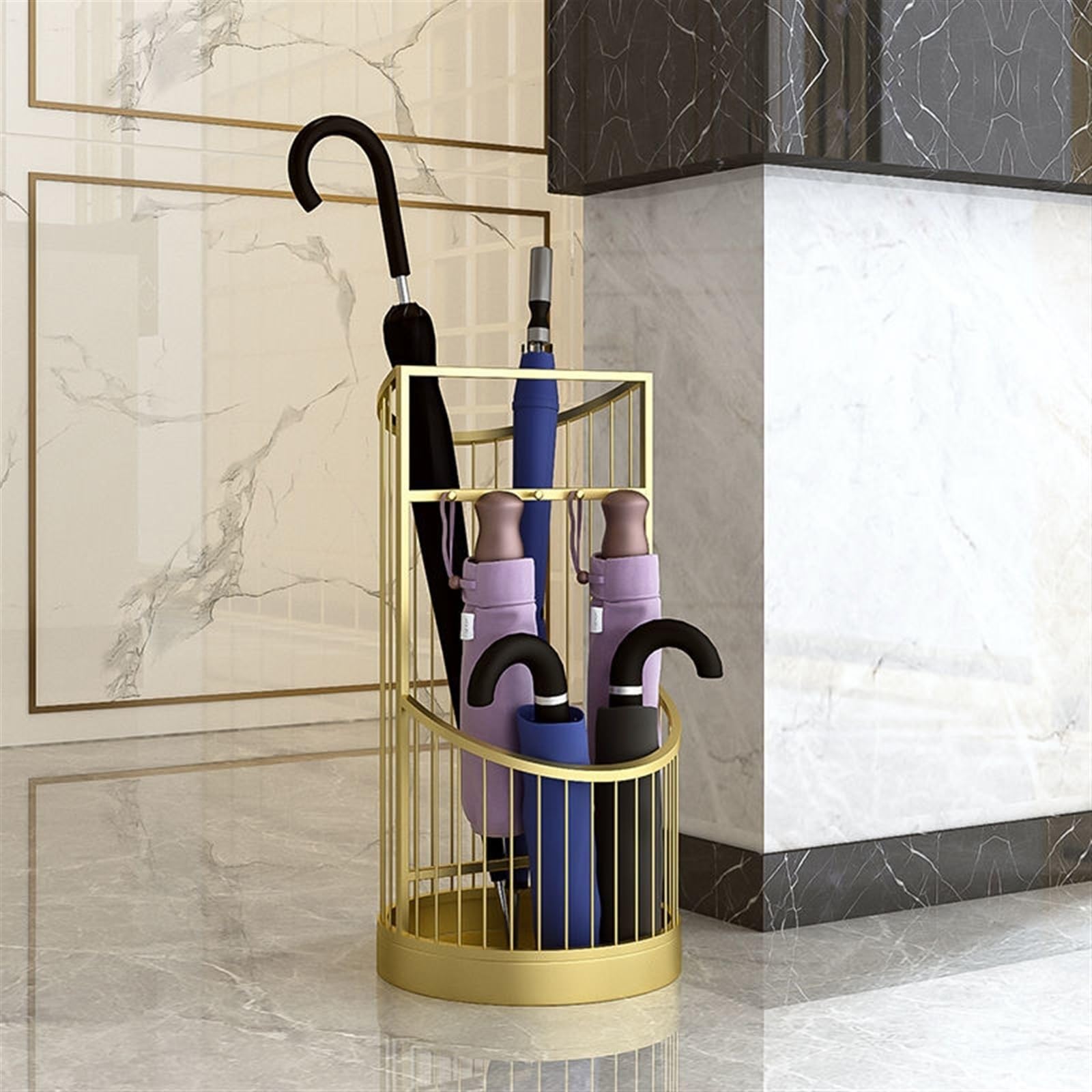Moderno portaombrelli in Metallo Dorato per casa e Ufficio. Elegante portaombrelli in Ferro battuto, Ideale per Hall di Hotel e Locali Commerciali. Portaombrelli Decorativo (Nero).