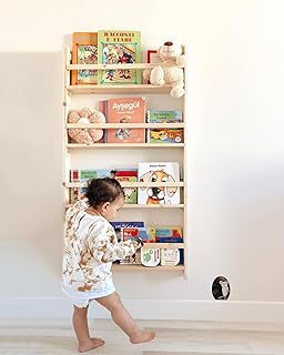 Montessori Wall Mounted Bookshelf for Kids, Children's Bookcase Rack Wall for Bedroom, Book Display for Children, Solid Wood Pine Tree Book Organiser for Living Room (4 tier 48x24 inch, Walnut)