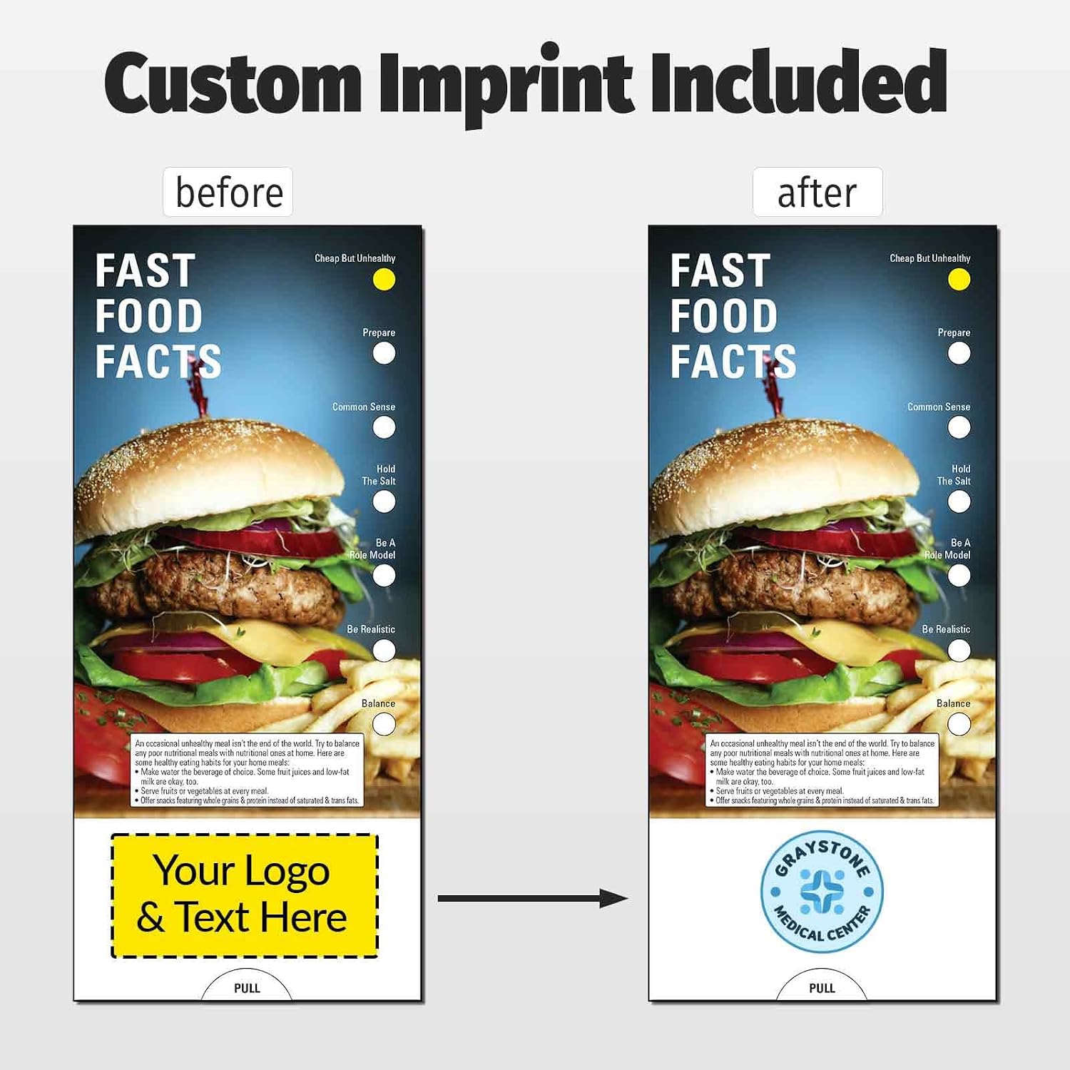 ZOCO – Fast Food Facts Slide Charts – Pack of 250 – Custom Logo & Text – Fast Food Nutrition Facts & Healthier Choices Handouts for Schools, Clinics & Fitness Centers – 3.75 x 8.5 Inches