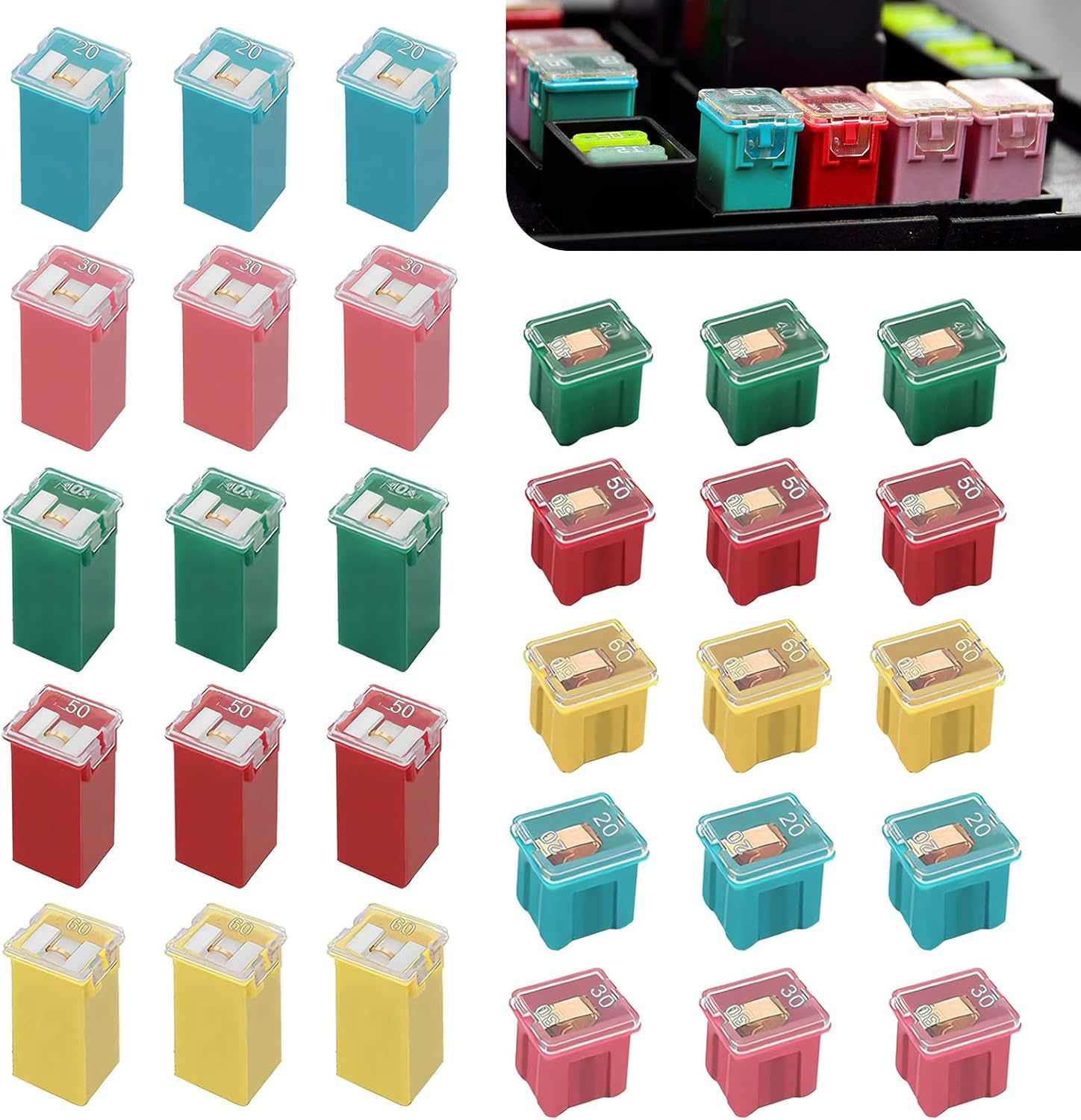 30 PCS Car Cartridge Fuses, Low and Tall Case Fuse Assortment Kit (20A, 30A, 40A, 50A, 60A), Automotive Box Shaped Micro Assortment, for Car Trucks SUVs Boats ATVs UTVs (Multicolored)
