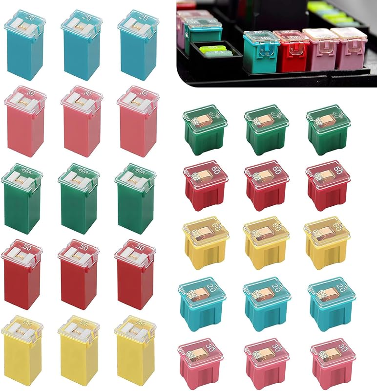 30 PCS Car Cartridge Fuses, Low and Tall Case Fuse Assortment Kit (20A, 30A, 40A, 50A, 60A), Automotive Box Shaped Micro Assortment, for Car Trucks SUVs Boats ATVs UTVs (Multicolored)