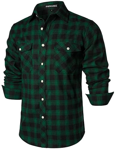 PARKLEES Men's Casual Regular Fit Button Up Flannel Checked Plaid Shirts with Pockets - XXL - Dark Green