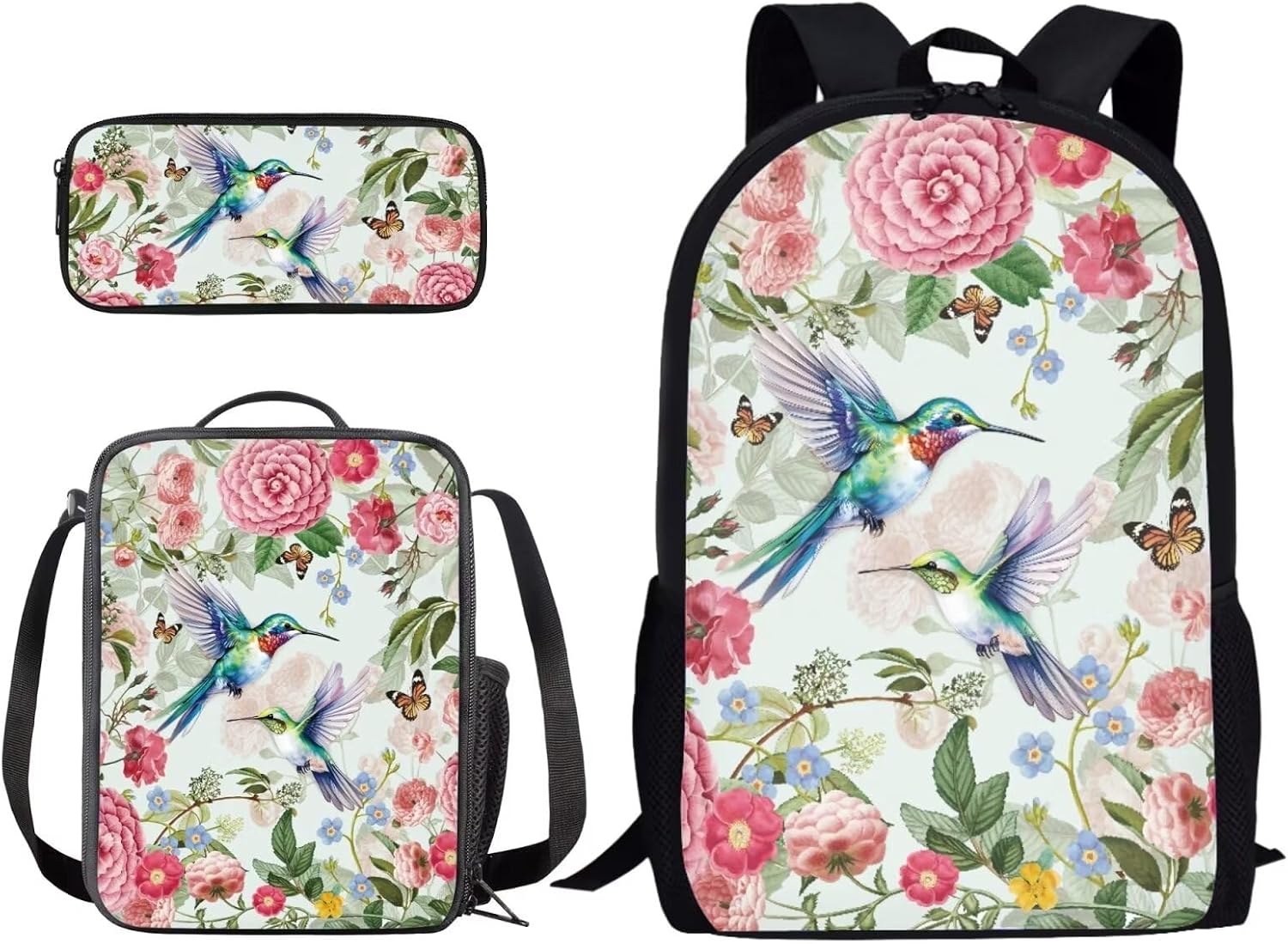 Xoenoiee Sunflower Butterfly and Cow Pattern 3 Pcs Kids BookBag+Lunch Box+Pencil Bag for Primary/Middle School Bag Backpack Set for Boys Girls