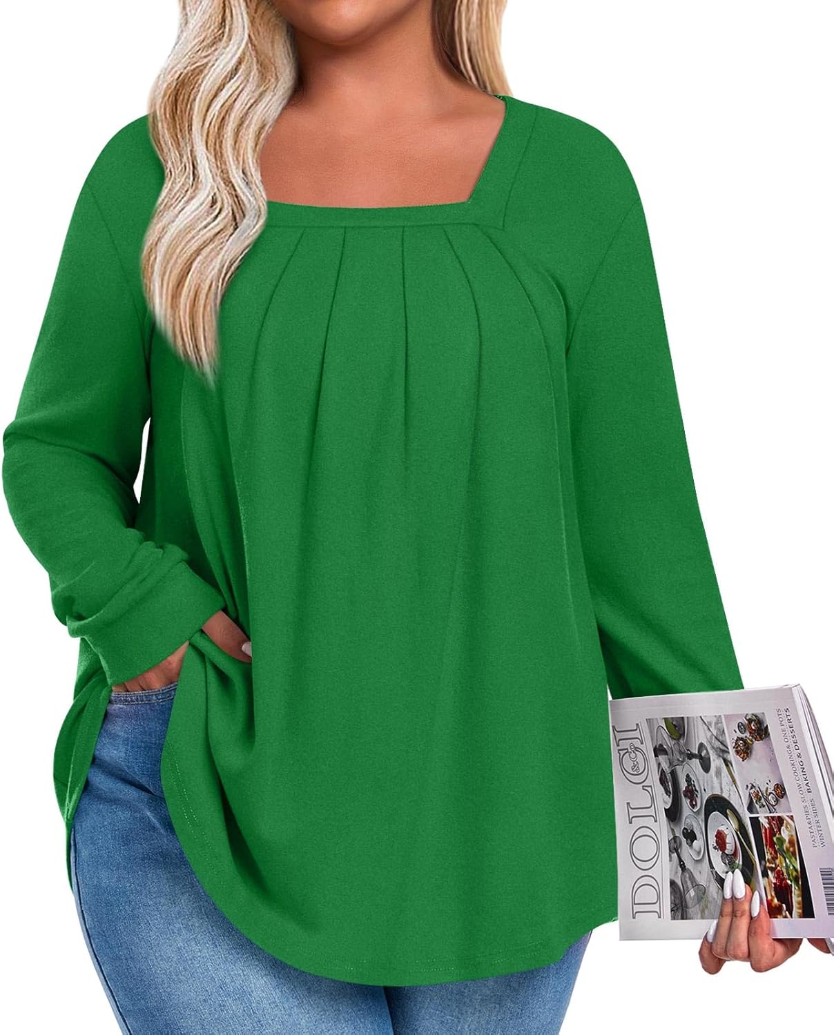 Anymeet Plus Size Tops for Women Long Sleeve Tunic Casual Shirts Square Neck Blouse 1X-5X - Image 2