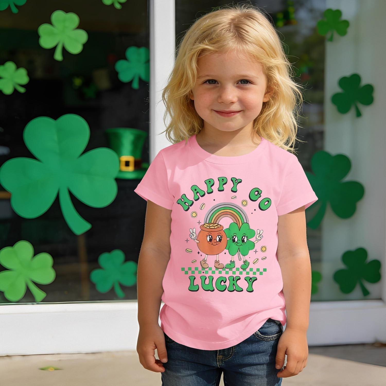 SOFEON Toddler St Patrick's Day Shirt Baby Girls Boys Happy Go Lucky Shamrock Rainbow T-Shirt Irish Clover Graphic Tees Tops