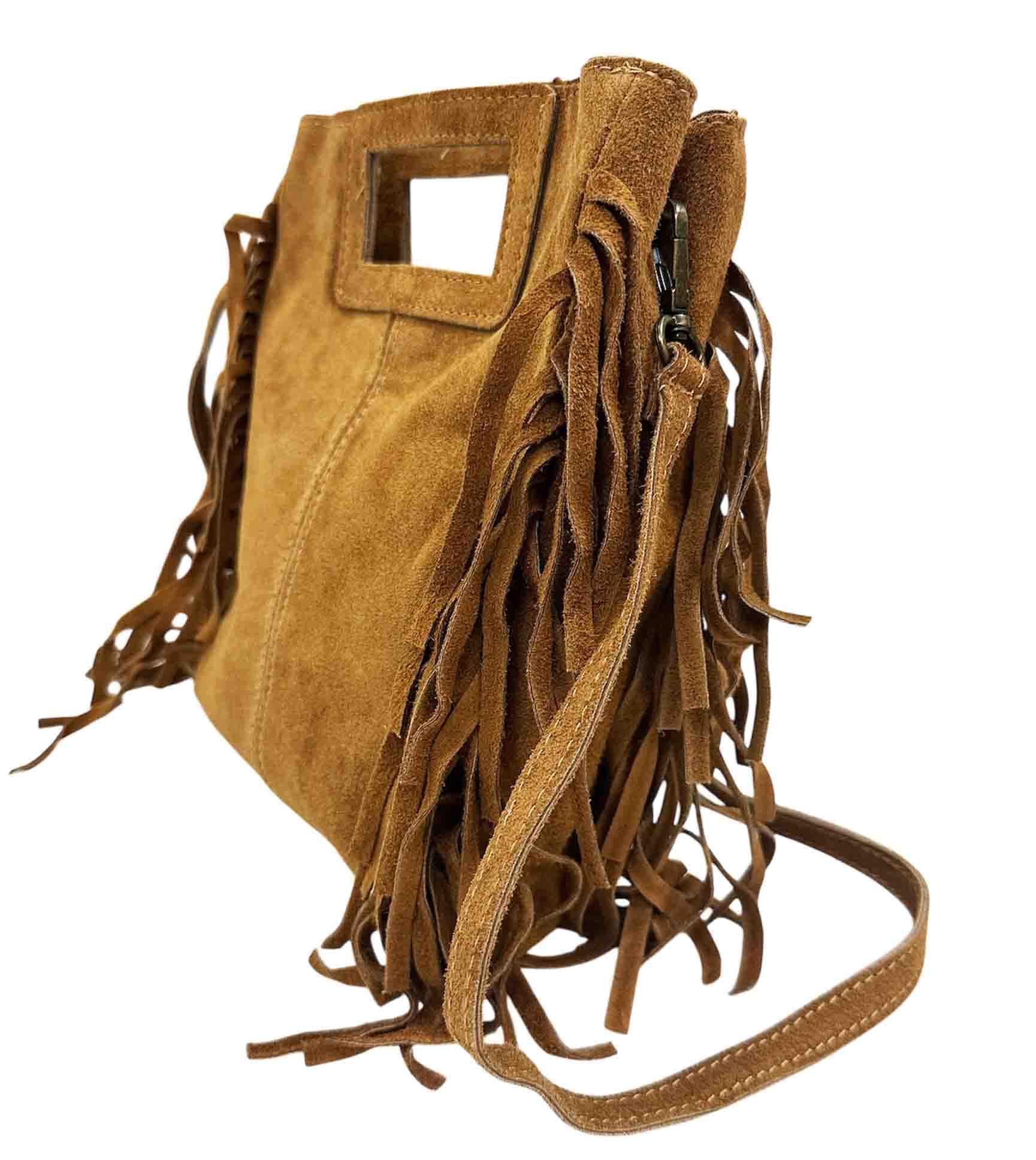 Borsa a tracolla in pelle scamosciata con frange, realizzata in Italia, in due varianti