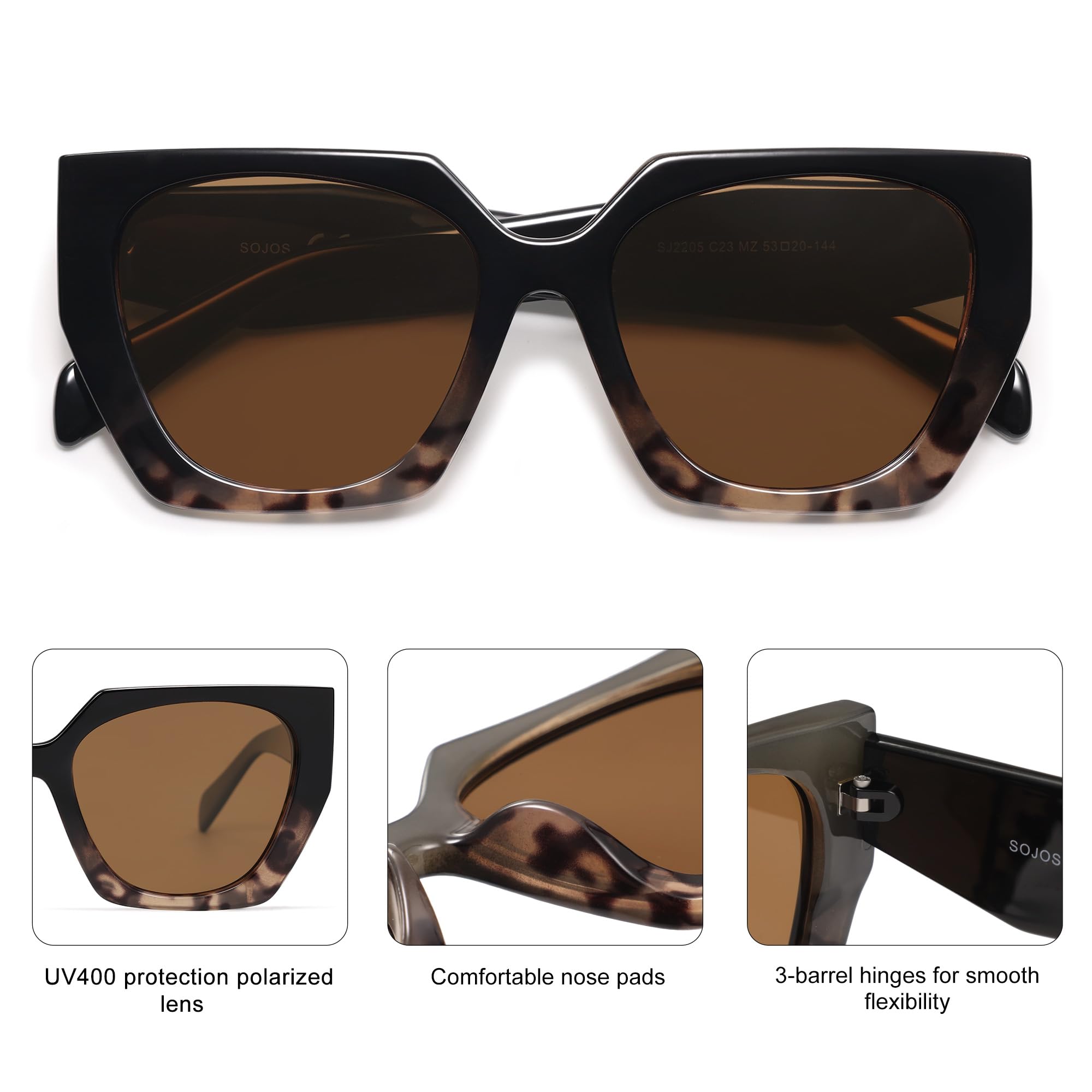 SOJOS Trendy Oversized Polarized Sunglasses Womens Big Square Cateye Sunnies, Lentes de sol para mujer SJ2205: Black Gradient Tortoise/Brown 55 Millimeters