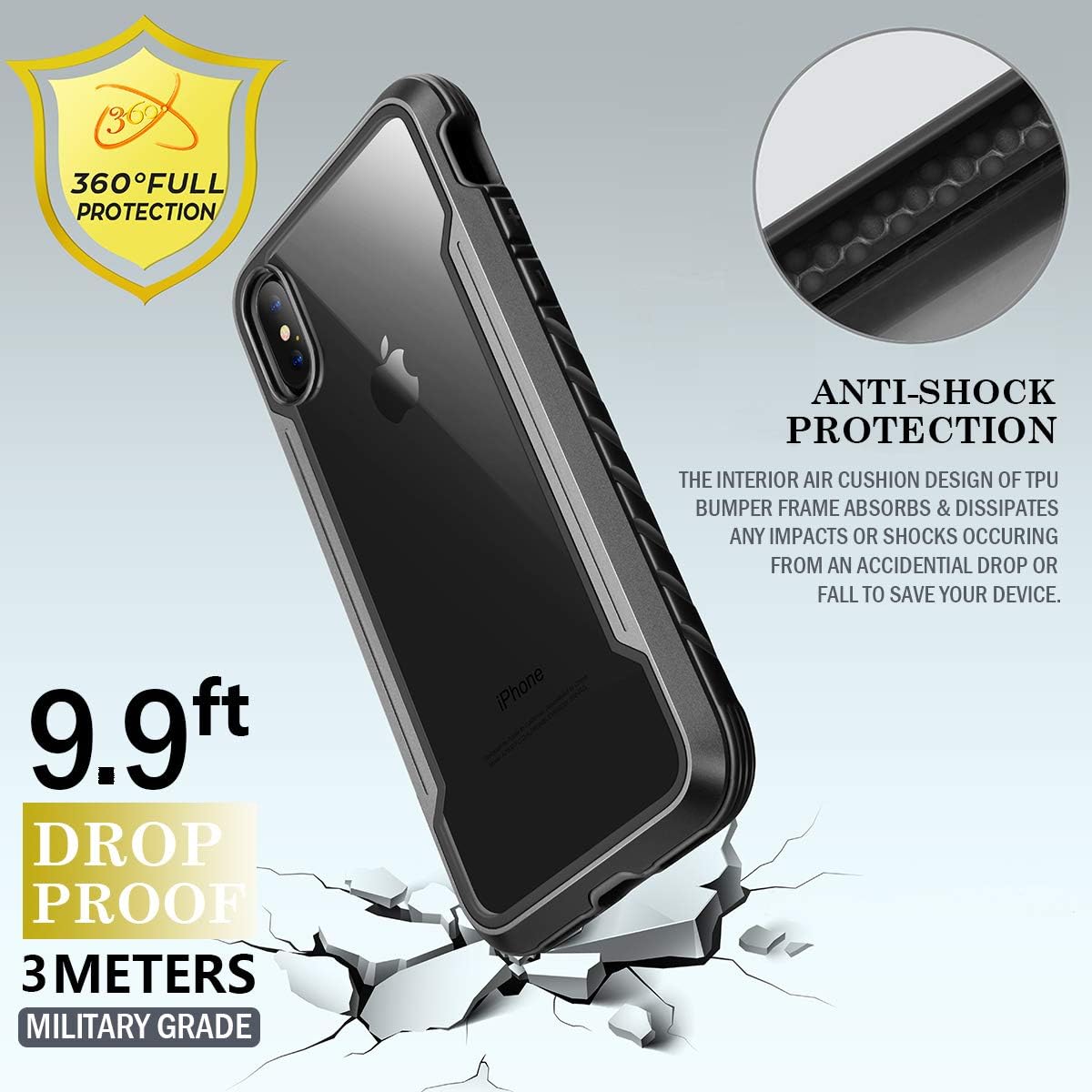 iPhone X & iPhone Xs Case, XchuangX Defender iPhone Case Anodized Aluminum, TPU, Clear PC, Military Grade Machined Metal Protective Case for Apple iPhone Xs, iPhone X, iPhone 10 (Black+Gray)