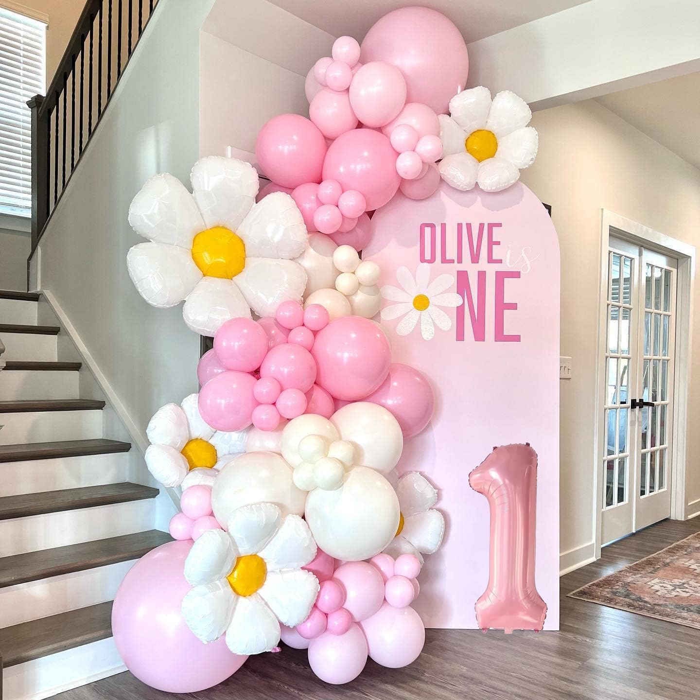 Photo 1 of OHWOKIKY Daisy Balloon Garland Arch Kit, 123pcs Pastel Balloons, Pink and White Balloon Arch Kit for Wedding Baby Shower Pink Birthday Decorations