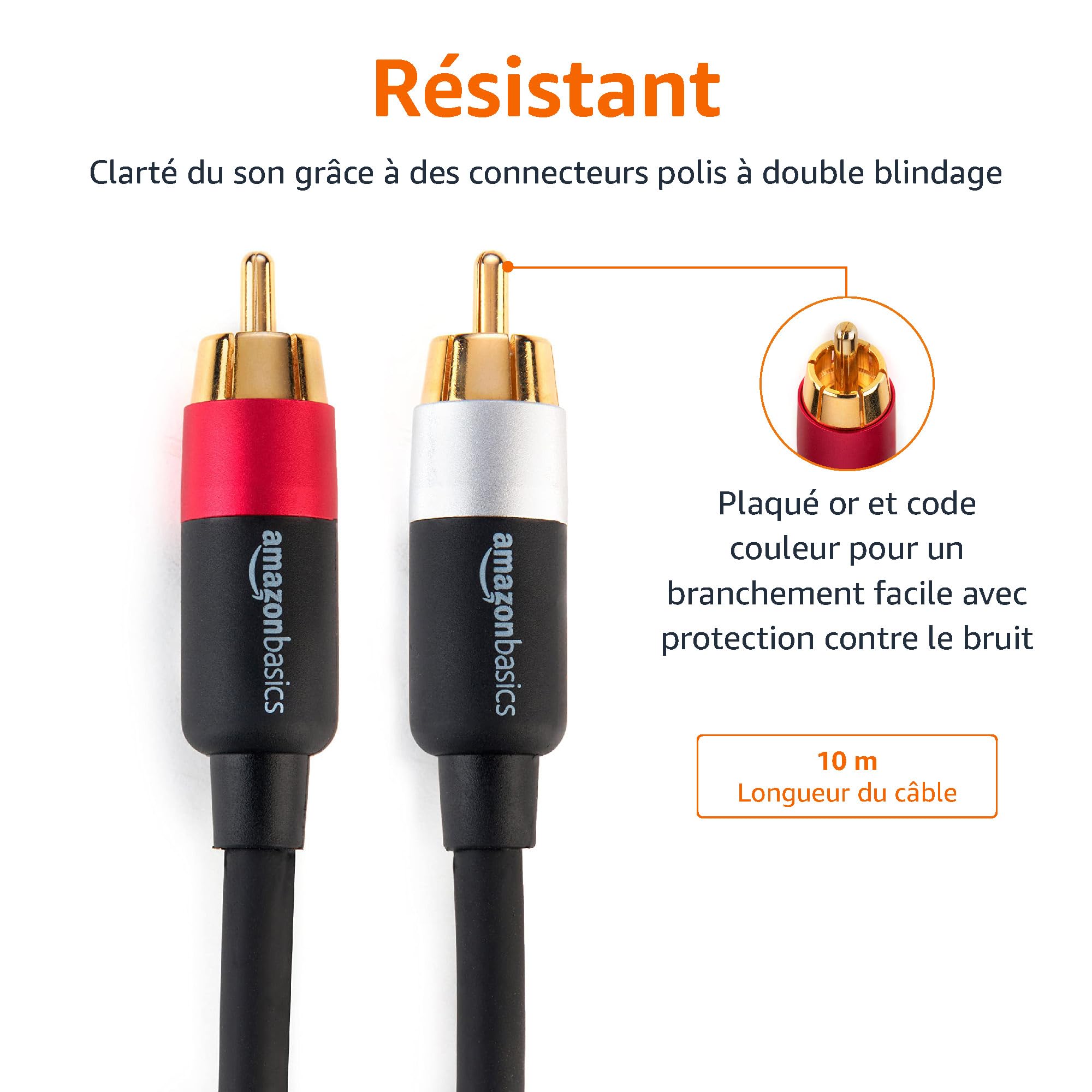 Amazon Basics Câble audio RCA 2 prises mâles vers 2 mâles, 10 m, noir